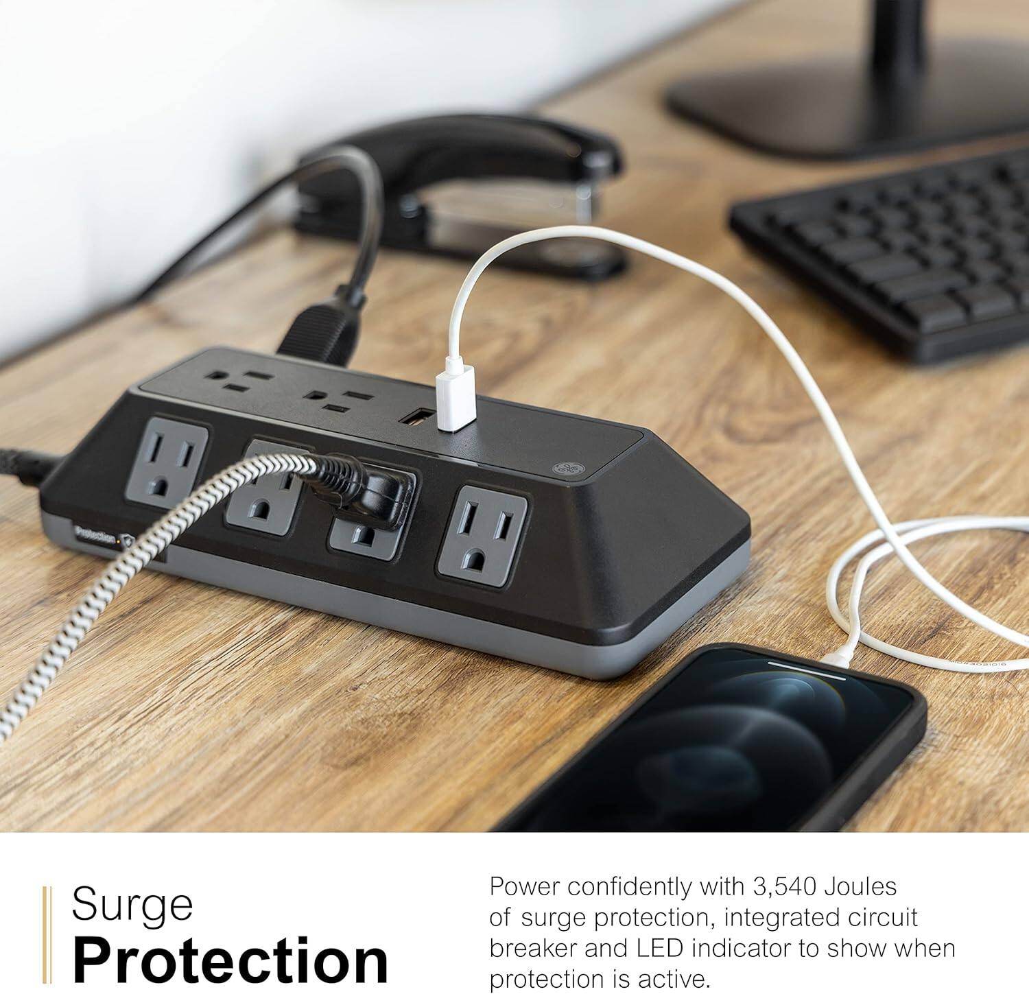 Power confidently with 3,540 Joules of surge protection, integrated circuit breaker, and LED indicator to show when protection is active.