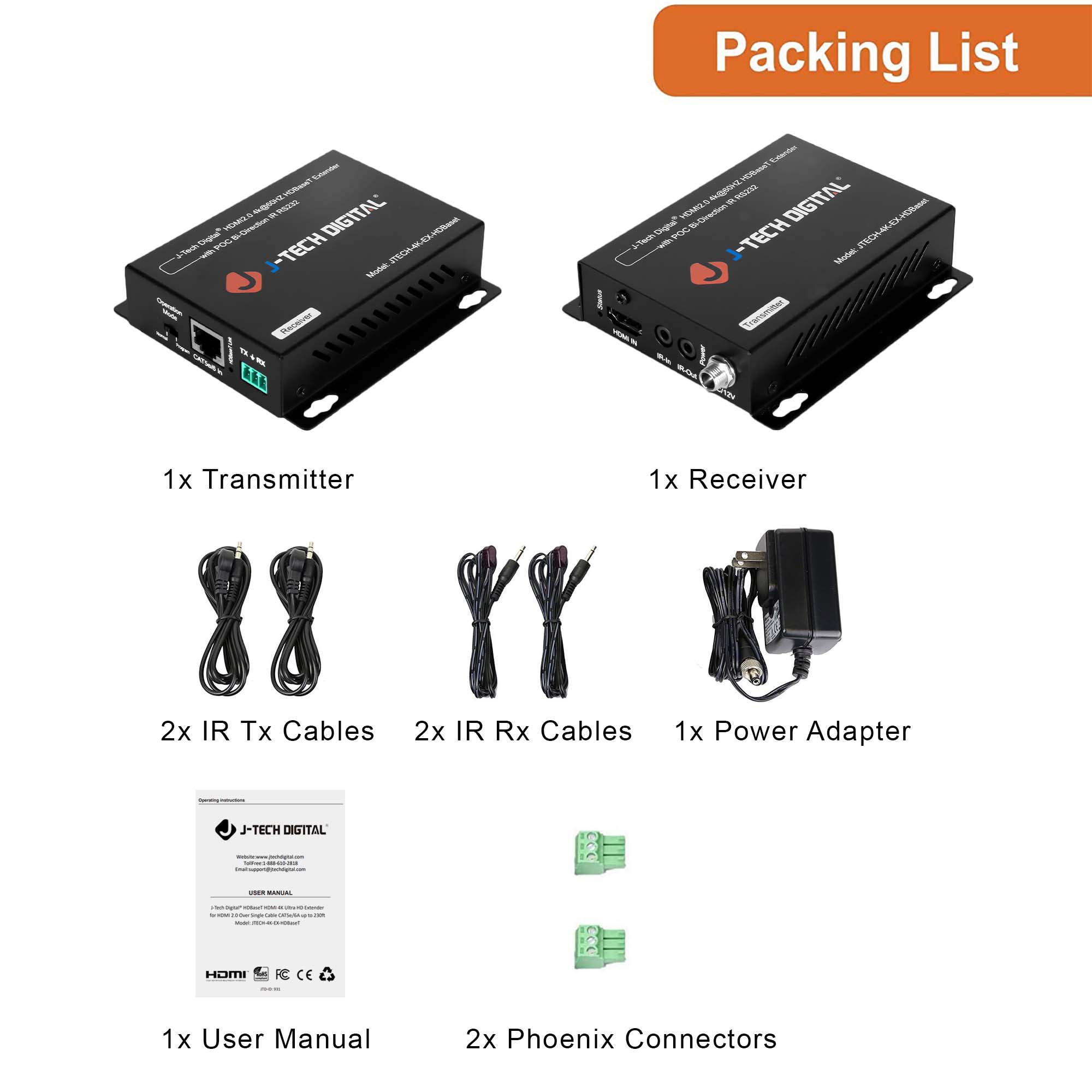 Packing List

- 1x Transmitter
- 1x Receiver
- 2x IR Tx Cables
- 2x IR Rx Cables
- 1x Power Adapter
- 1x User Manual
- 2x Phoenix Connectors