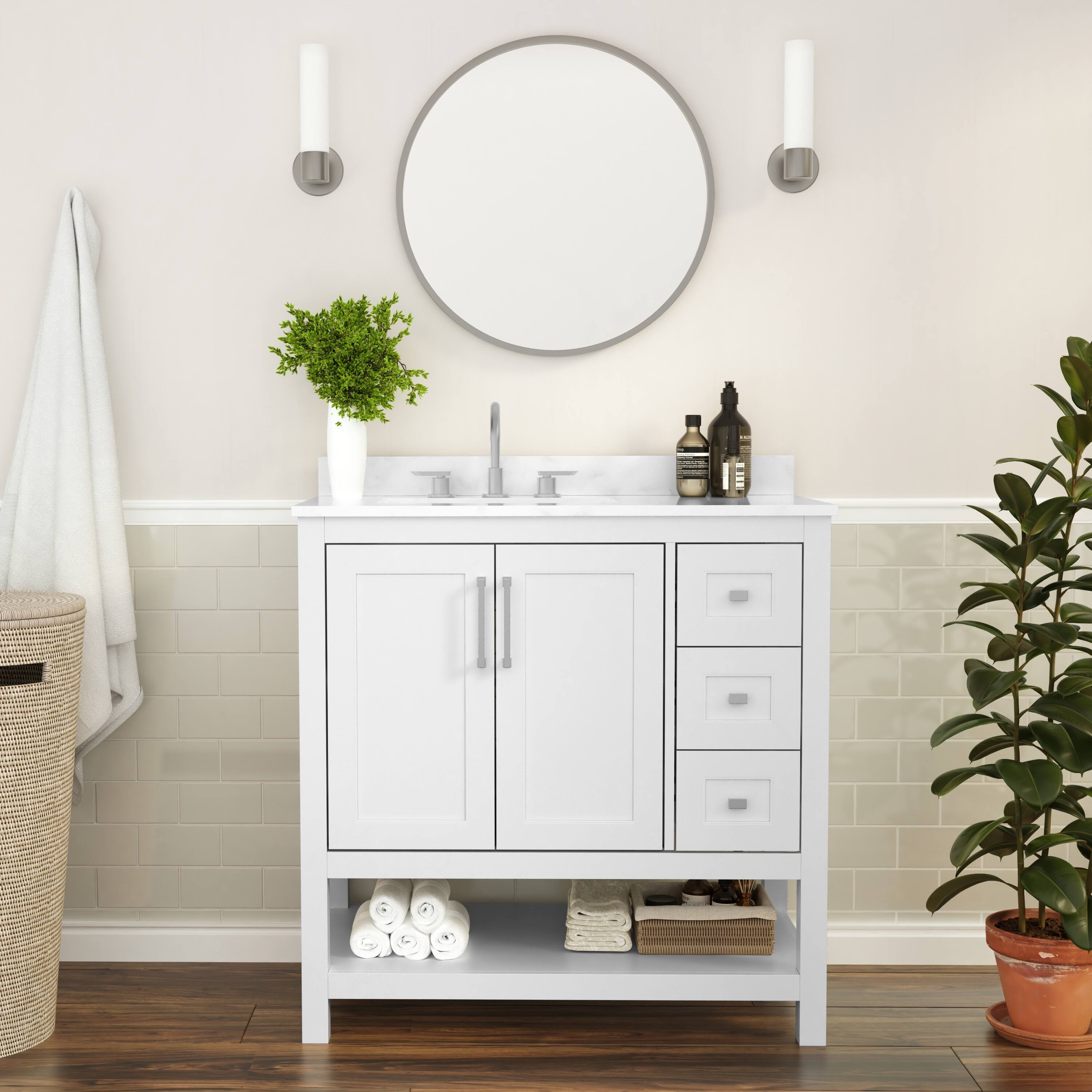 Alt View 1. Flash Furniture - Vega 36 Inch Bathroom Vanity with Sink, Storage Cabinet with Soft Close Doors, Open Shelf and 3 Drawers, Carrara Marble - White.