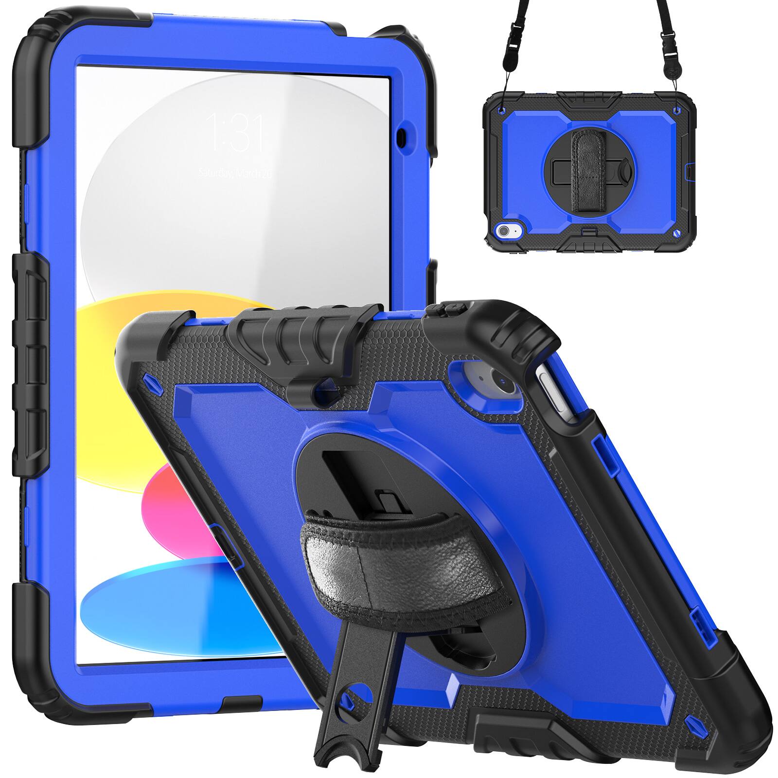 Angle. Dteck - For Apple iPad 11"(A16 chip 2025)&iPad 10th 2022 Three-Layer Kickstand Shoulder Strap Case Built-in Screen Protector - Blue+Black.