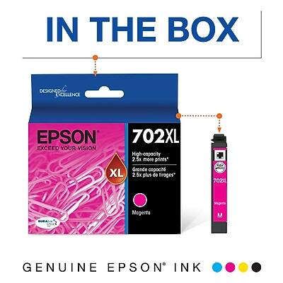IN THE BOX

DESIGN EXCELLENCE

EPSON
EXCEED YOUR VISION

702XL
High-capacity 2.5x more prints*
Grande capacité 2.5x plus de tirages*

Magenta

GENUINE EPSON INK