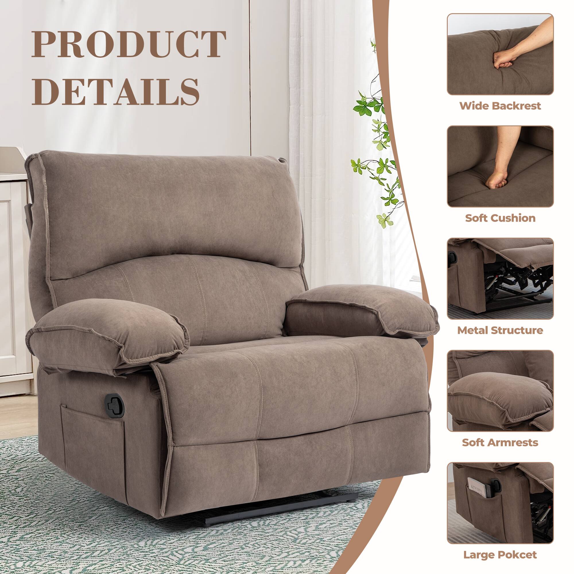 PRODUCT DETAILS

- Wide Backrest
- Soft Cushion
- Metal Structure
- Soft Armrests
- Large Pocket