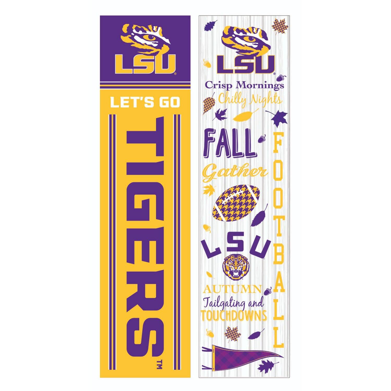 **Left Side:**
- LSU
- LET'S GO
- TIGERS™

**Right Side:**
- LSU
- Crisp Mornings
- Chilly Nights
- FALL
- Gather
- FOOTBALL
- AUTUMN
- Tailgating and TOUCHDOWNS