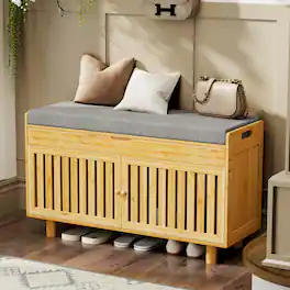 ThinkLink Electronic - Shoe Storage Bench Entryway With 2 Doors & Padded Seat Cushion 35 4 W X 12 6 D 19 7 H Rack Lift Top For - Natural 35.4 inch