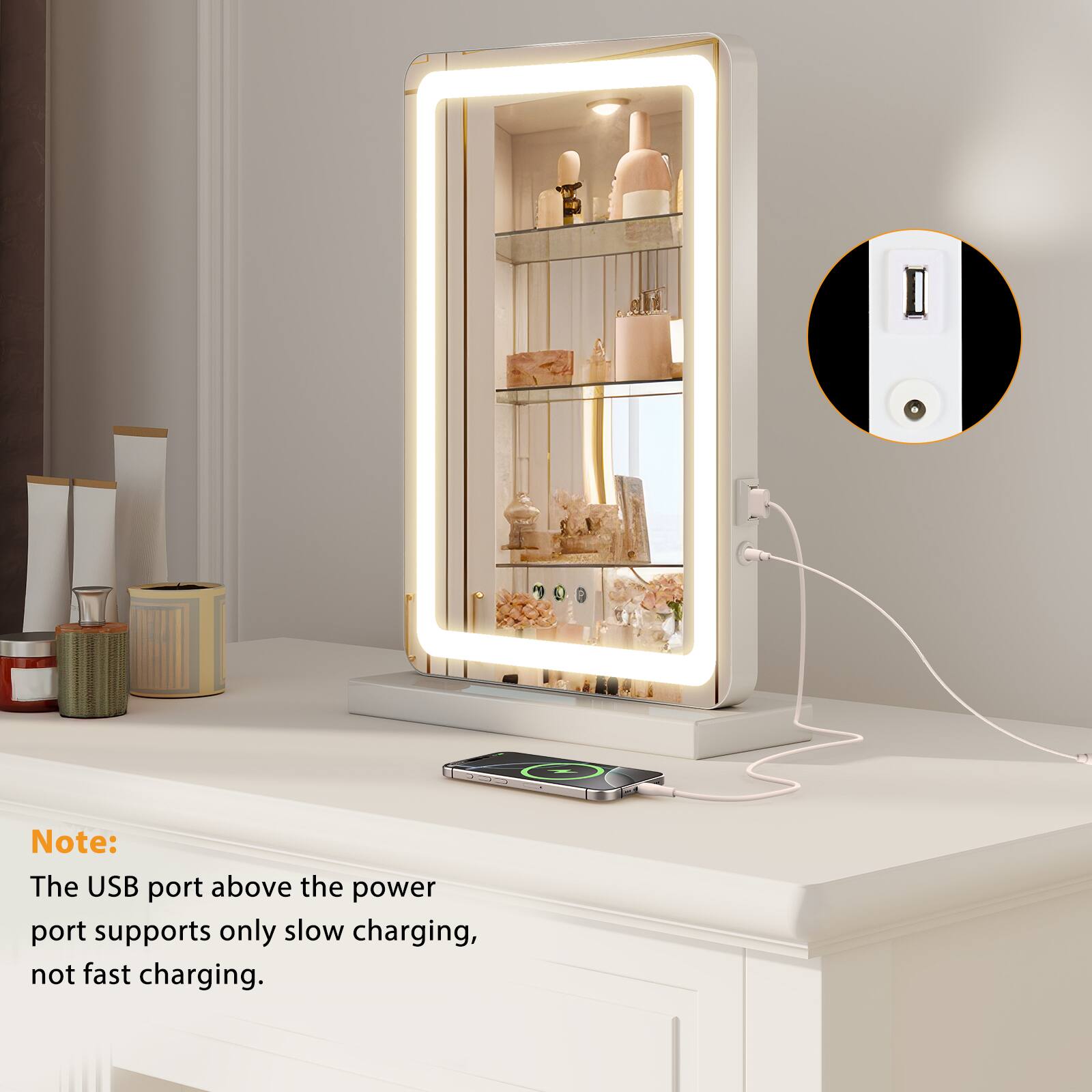 Note:  
The USB port above the power port supports only slow charging, not fast charging.