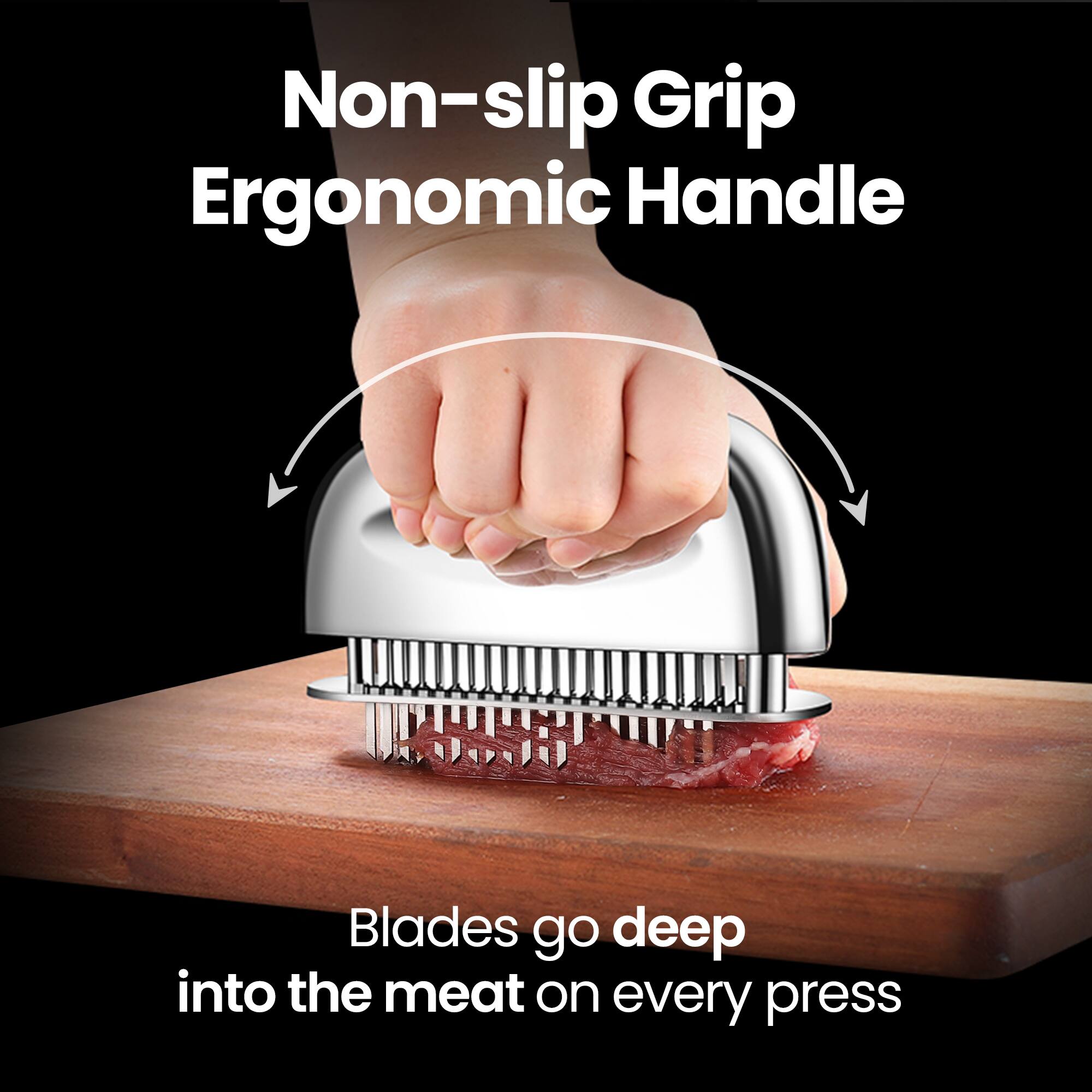 Angle. Gourmet Easy - Meat Tenderizer Tool, Ultra Sharp Needle Blades 100% Stainless-Steel, Heavy-Duty Kitchen Gadgets - Stainless Steel.