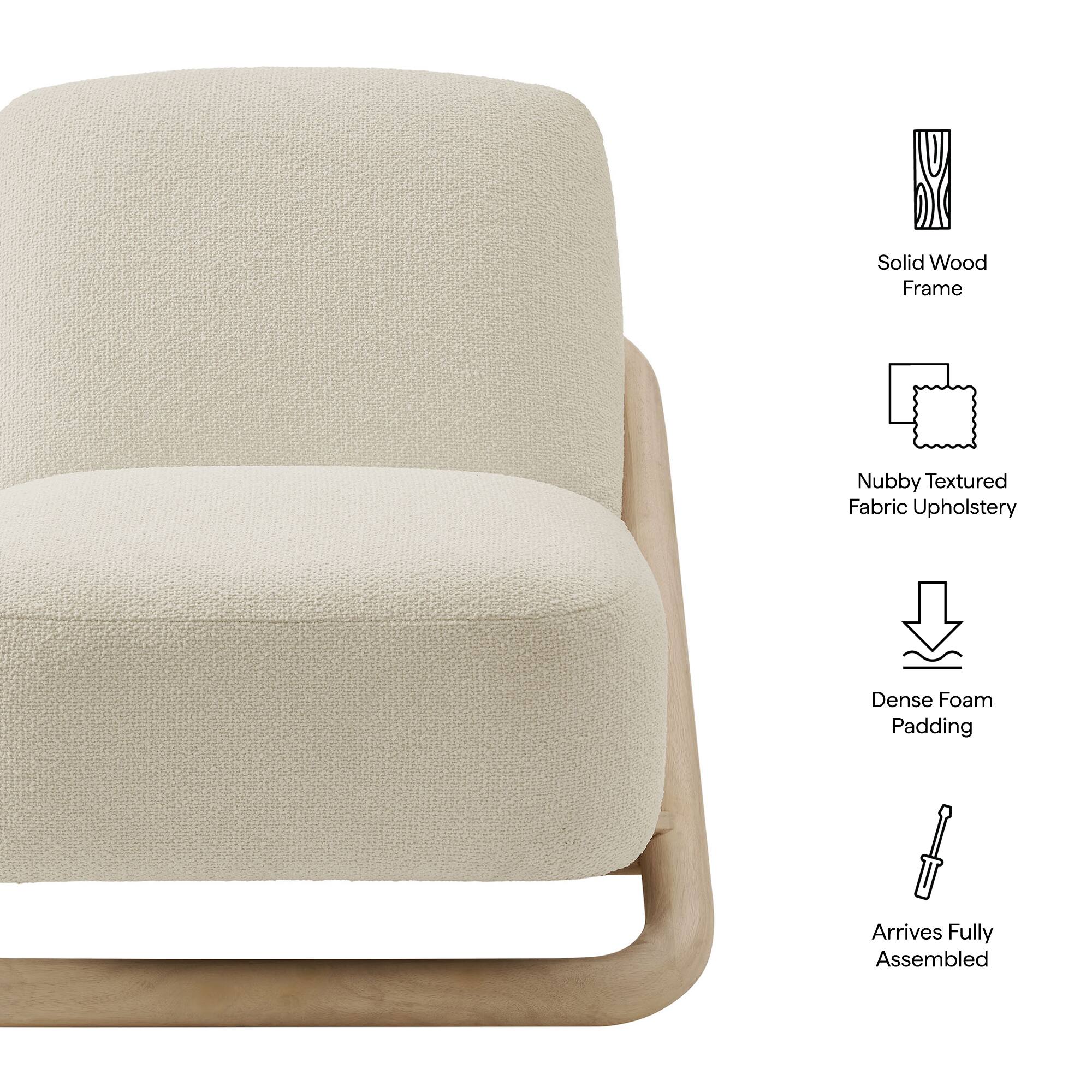 Solid Wood Frame  
Nubby Textured Fabric Upholstery  
Dense Foam Padding  
Arrives Fully Assembled