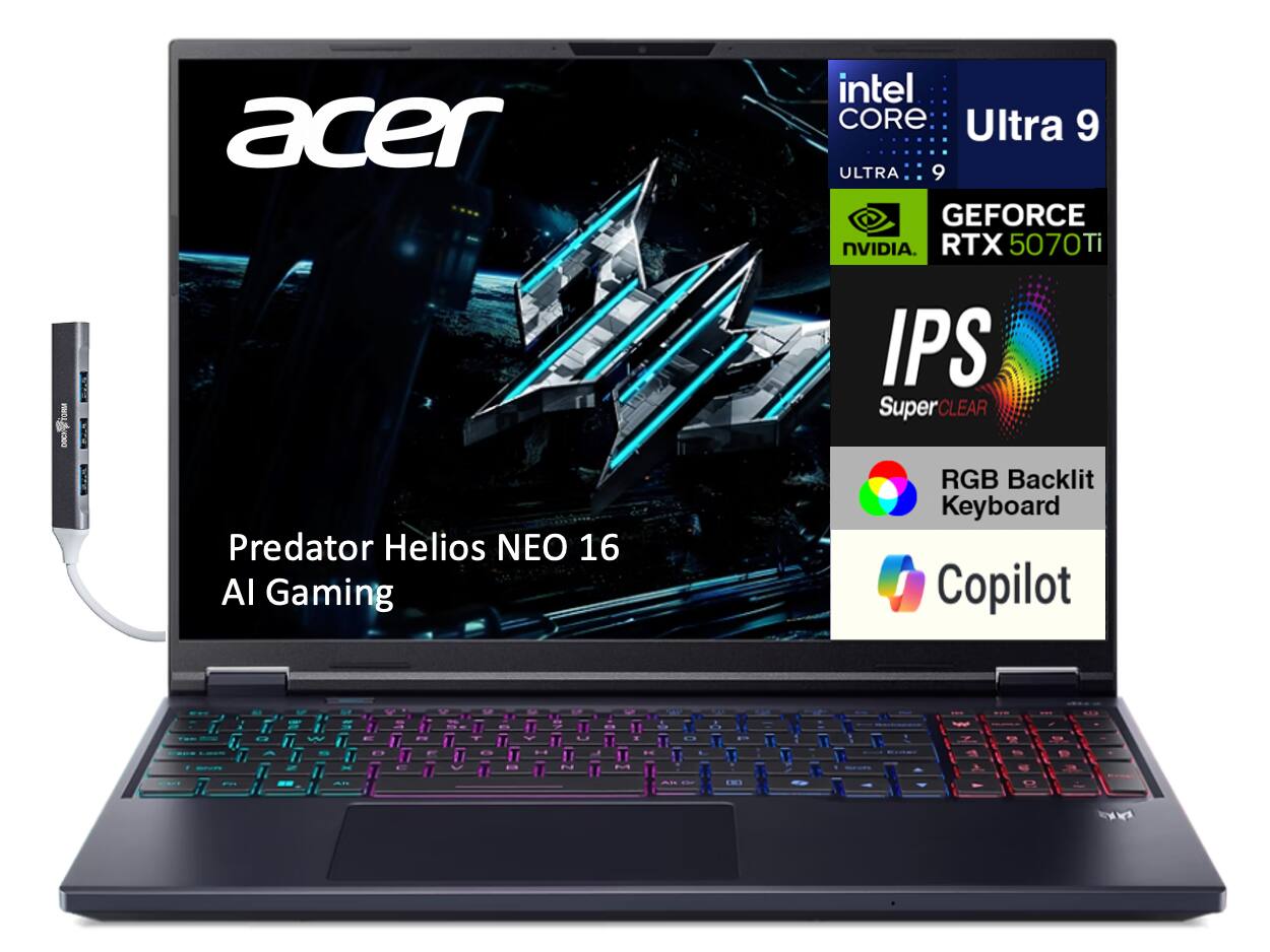 Acer - Predator Helios NEO 16 AI Laptop 16.0 WQXGA Display (Ultra 9- 275HX, 32GB, 1TB SSD, Win 11 Home) w/USB Hub - Black