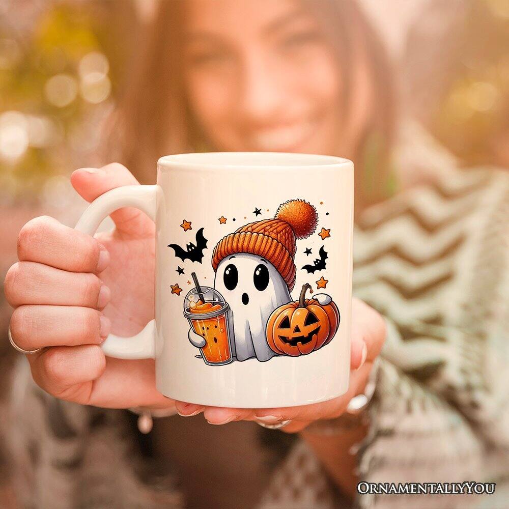 Left. OrnamentallyYou - Cute Ghost with Coffee Drink, Halloween Mug, Fun Boujee Gift - White.