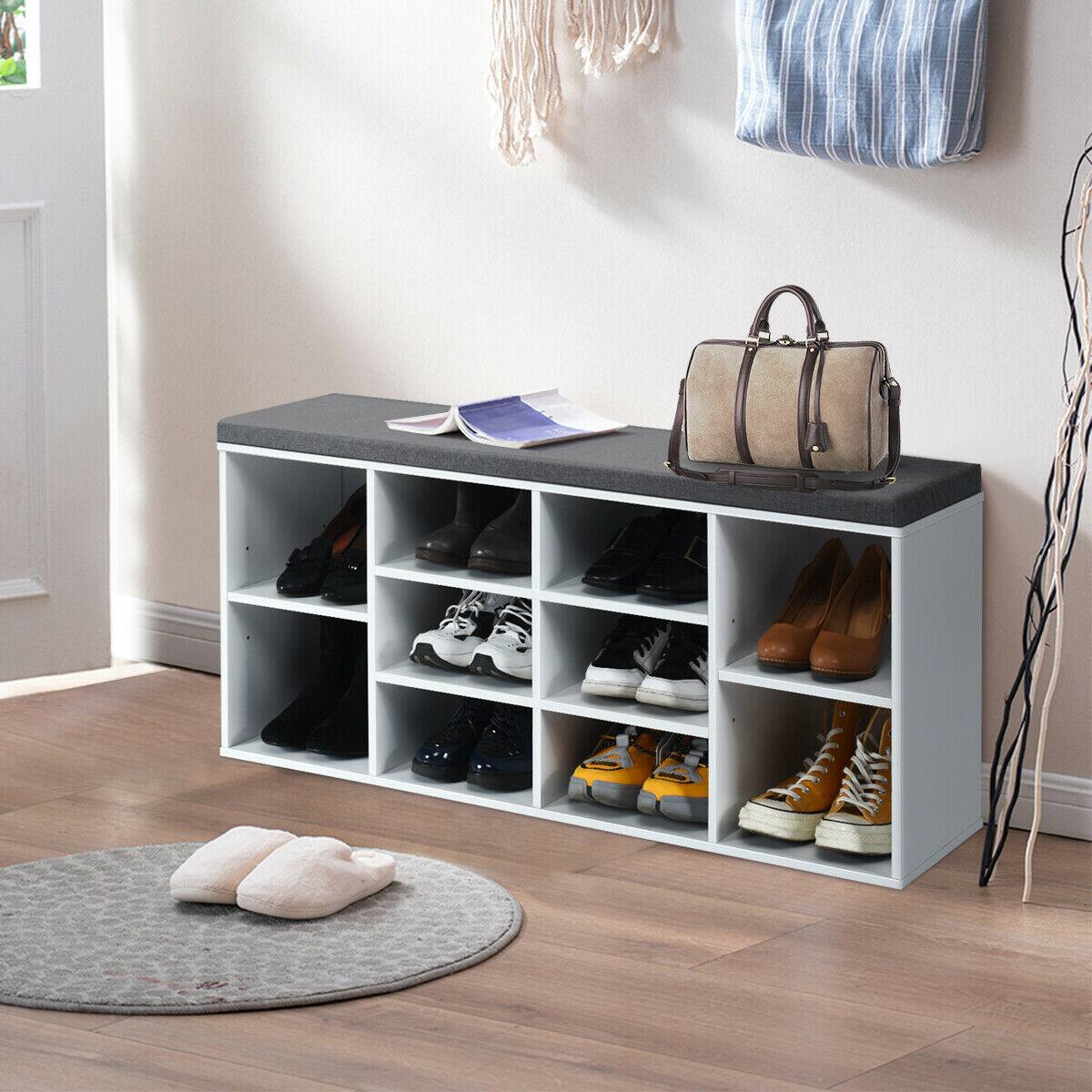 Alt View 11. Costway - Entryway Padded Shoe Storage Bench 10-Cube Organizer Bench Adjustable White - White.