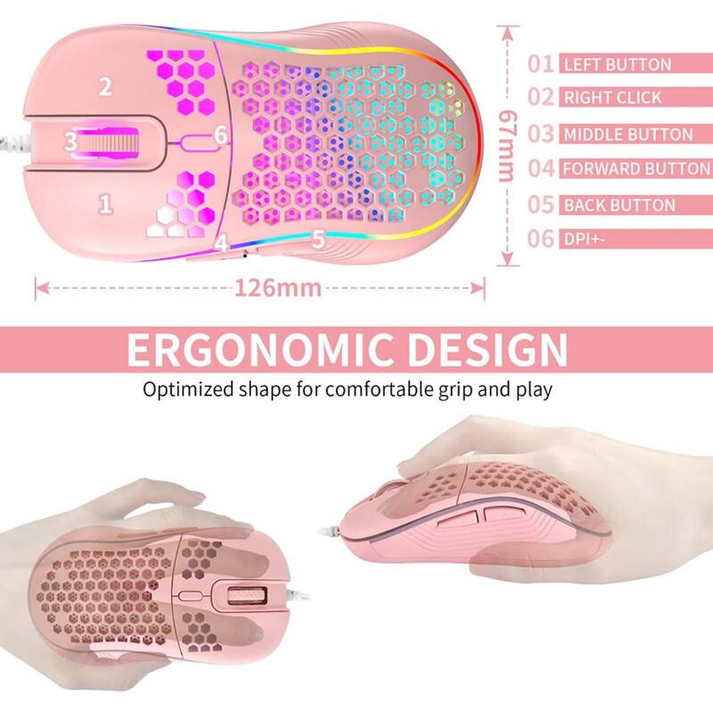 3 2 1 6 4 5  
01 LEFT BUTTON  
02 RIGHT CLICK  
03 MIDDLE BUTTON  
04 FORWARD BUTTON  
05 BACK BUTTON  
06 DPI+-  
67mm  
126mm  
ERGONOMIC DESIGN  
Optimized shape for comfortable grip and play