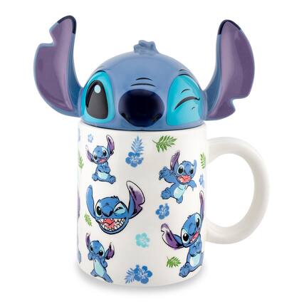 Front. Silver Buffalo - Disney Lilo & Stitch Ceramic Mug With Sculpted Topper | Holds 18 Ounces - Blue.