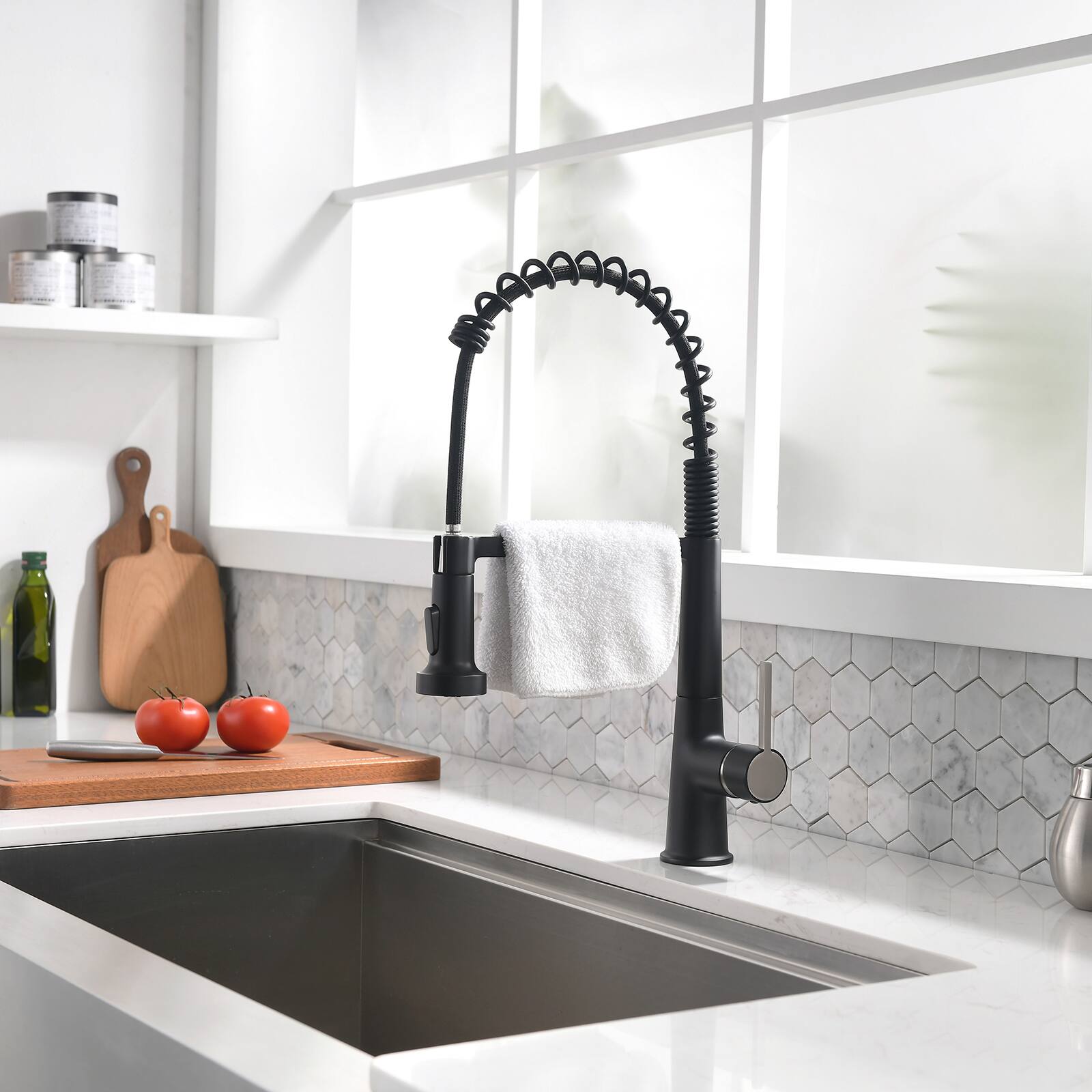 Front. Siljoy - Black Kitchen Faucet with Pull Down Sprayer  Modern Commercial Spring Pull-Out Kitchen Sink Faucet - Black.