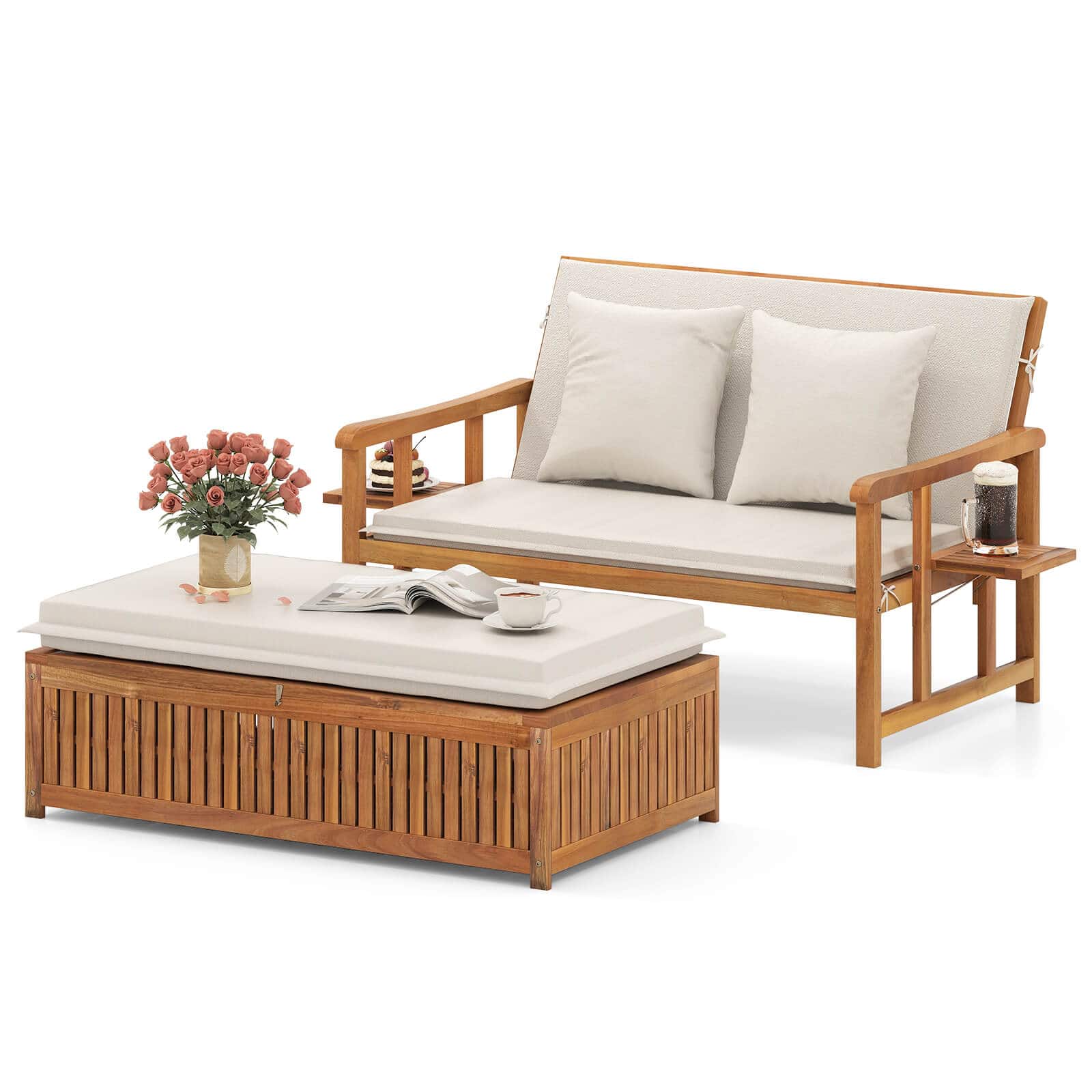 Costway - Outdoor Wooden Daybed with 4-Level Backrest & Removable Cushions for Poolside - Off-White price history on PriceWatchPro