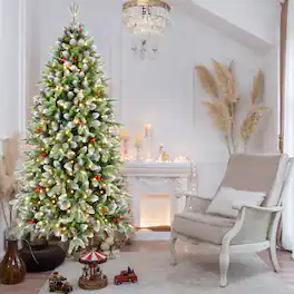 Anysun - 6ft Pre-Lit Artificial Christmas Tree with LED Lights, Tips, Frosted Greenery with Red Berries & Natural Pinecones - Green