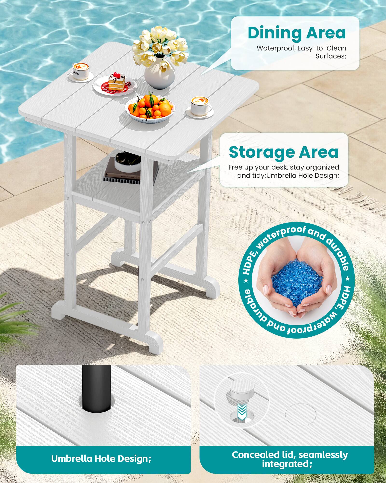 Dining Area: Waterproof, Easy-to-Clean Surfaces;

Storage Area: Free up your desk, stay organized and tidy; Umbrella Hole Design;

waterproof and HDPE, durable HDPE, and waterproof

Umbrella Hole Design;

Concealed lid, seamlessly integrated;