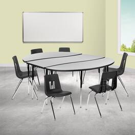 Emma + Oliver - 86" Oval Wave Collaborative Laminate Activity Table Set with 18" Student Stack Chairs - Gray