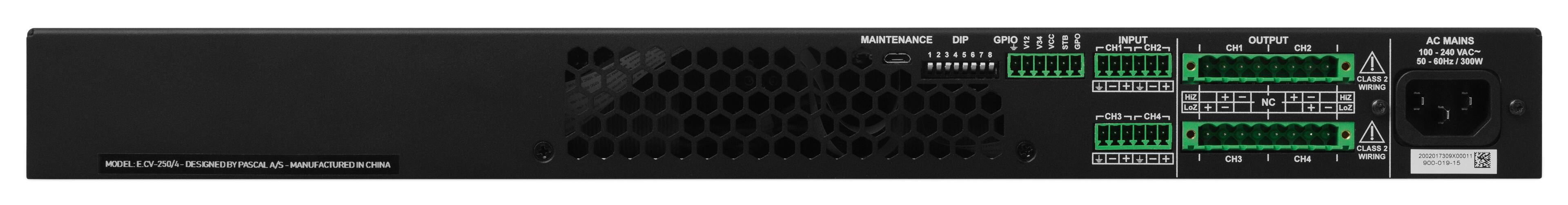 MODEL: E.CY-250/4 - DESIGNED BY PASCAL A/S - MANUFACTURED IN CHINA

MAINTENANCE DIP GPIO V12 V32

INPUT
CH1 CH2
CH3 CH4

OUTPUT
CH1 CH2
CH3 CH4

AC MAINS
100 - 240 VAC~ 50 - 60Hz / 300W

CLASS 2 WIRING

2002017039X00011
900-019-15