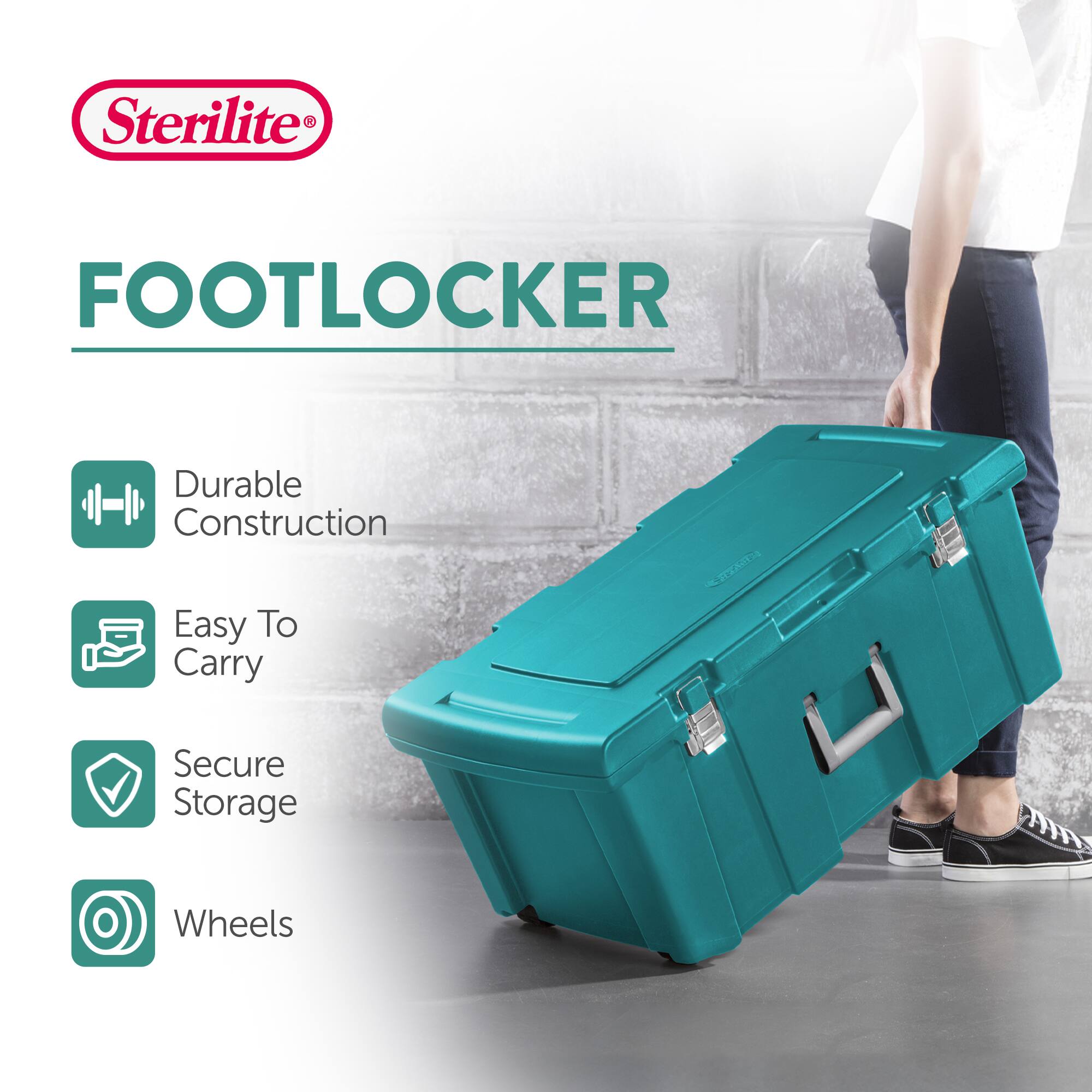 Sterilite®  
FOOTLOCKER  

- Durable Construction  
- Easy To Carry  
- Secure Storage  
- Wheels