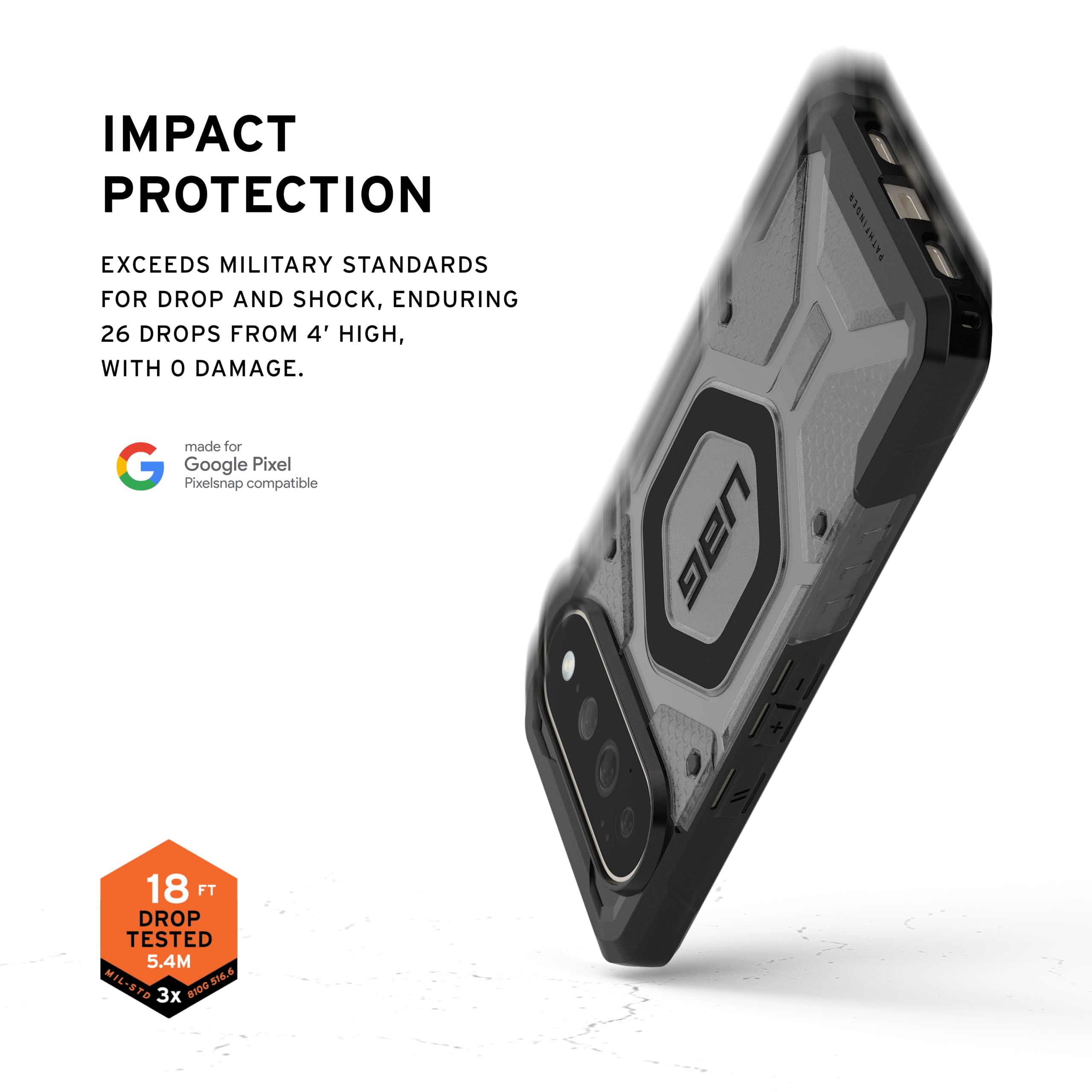 IMPACT PROTECTION  
EXCEEDS MILITARY STANDARDS FOR DROP AND SHOCK, ENDURING 26 DROPS FROM 4' HIGH, WITH 0 DAMAGE.  

made for Google Pixel  
Pixelsnap compatible  

18 FT DROP TESTED  
5.4M  
MIL-STD 810G 516.6 B10G 516.6 3x