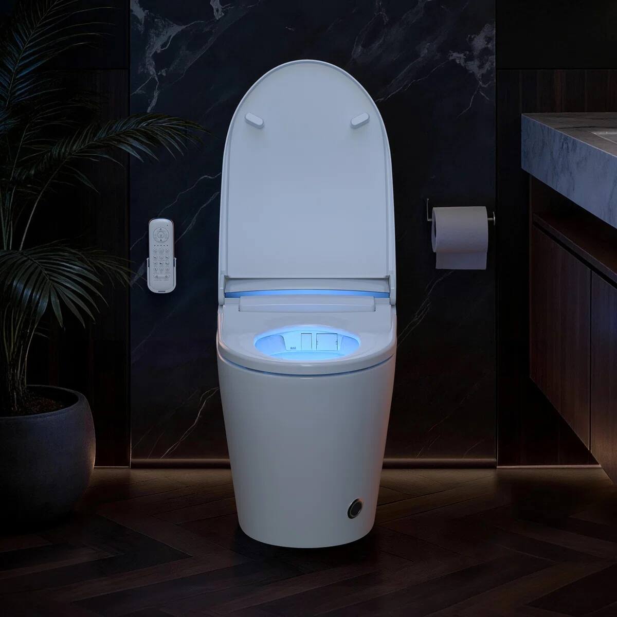 Angle. Koligey - Smart Toilet with Tankless Bidet Wash, Auto Open Lid, 1.28 Gallons Auto Dual Flush, Heat Seat, Warm Wash/Dryer - White.