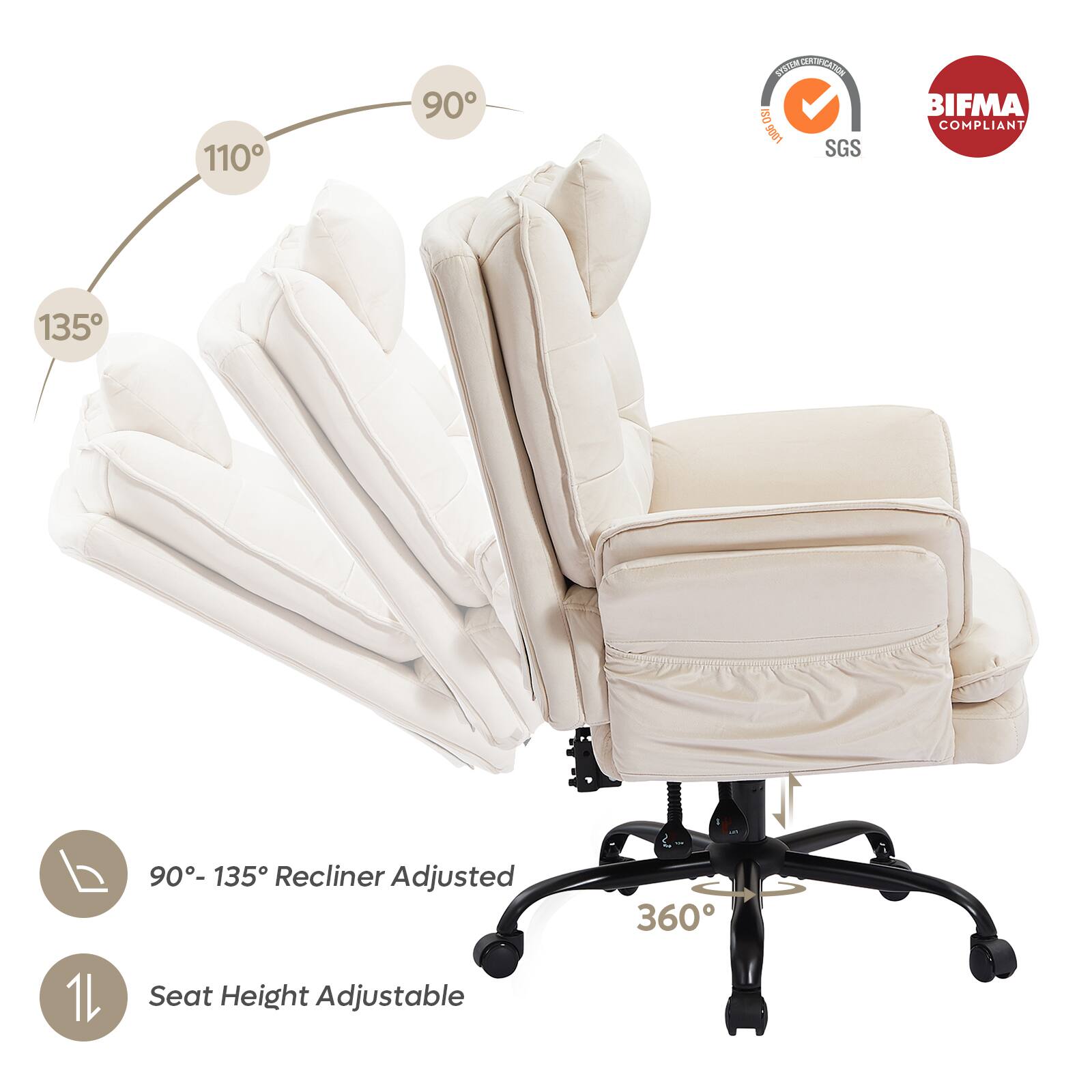 110 90 w  
Vo 15D 1.006 SGS BIFMA COMPLIANT  
135 90-135 Recliner Adjusted  
360 1L Seat Height Adjustable