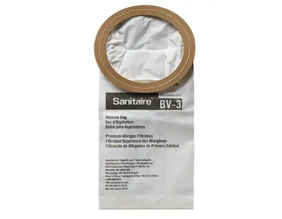 Sure, here is the corrected and grouped text from the image:
---
**Sanitaire BV-3**
**Vacuum Bag**
**Sac d'Aspirateur**
**Bolsa para Aspiradoras**
**Premium Allergen Filtration**
**Filtration Supérieure des Allergènes**
**Filtración de Alérgenos de Primera Calidad**
Imported for / Importé pour / Importadas para
Distributed by / Distribué par / Distribuidas por
©2016 Electrolux Home Care Products, Inc.
Charlotte, NC 28262 USA
Mississauga, ON L5V 3K4 Canada
Made in China / Fabricado en China
1.800.806.8975
www.sanitairvac.com
GR AND AGG201701/A
D ANC A01201801/A
---