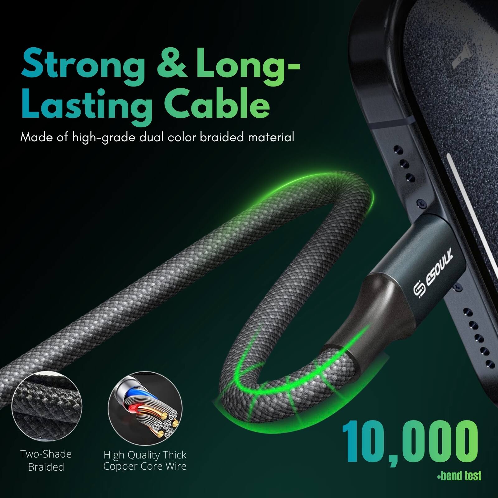 Strong & Long-Lasting Cable Made of high-grade dual color braided material

Two-Shade Braided

High Quality Thick Copper Core Wire

10,000 +bend test