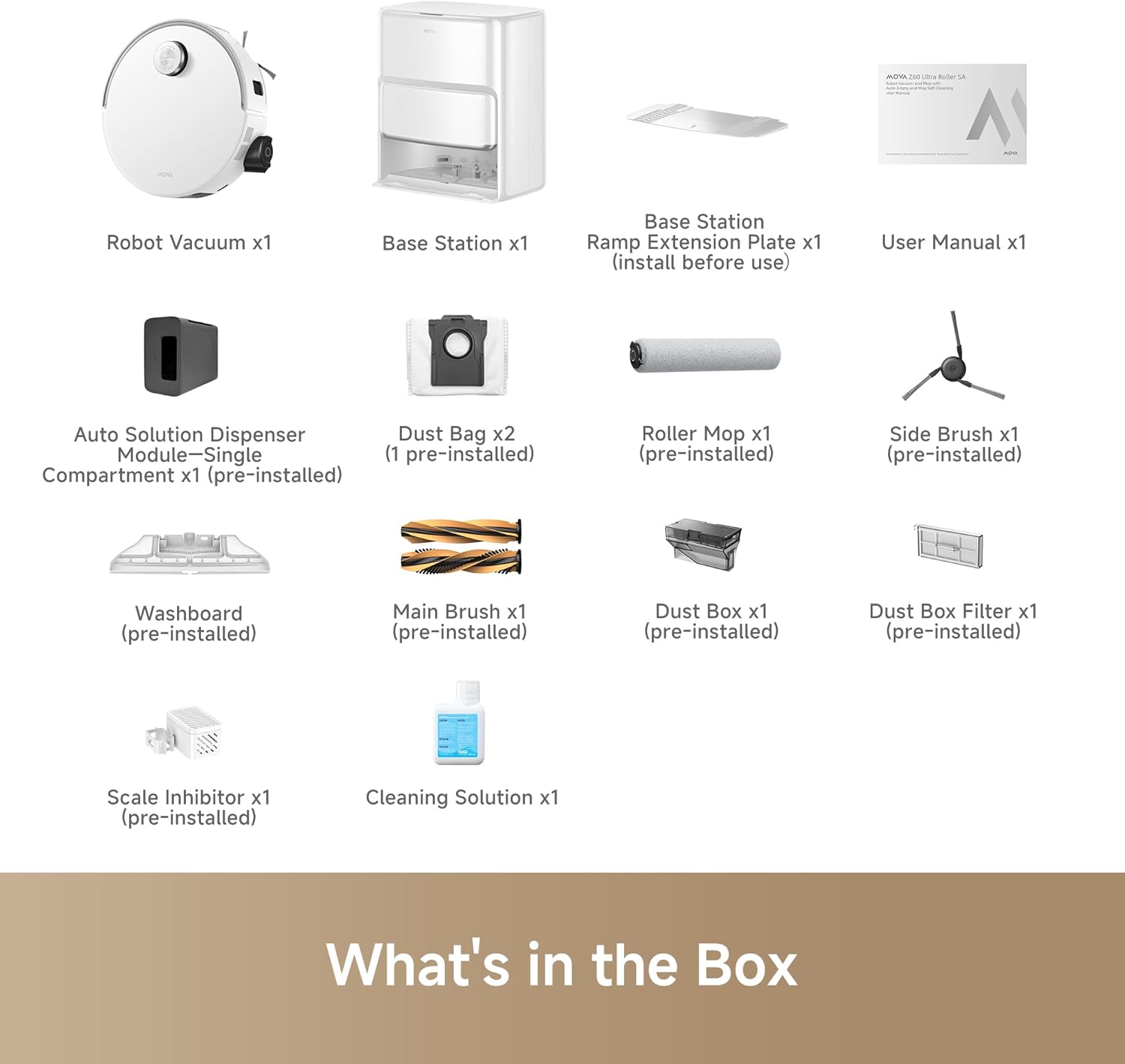 - Robot Vacuum x1
- Base Station x1
- Base Station Ramp Extension Plate x1 (install before use)
- User Manual x1
- Auto Solution Dispenser Module-Single Compartments x1 (pre-installed)
- Dust Bag x2 (1 pre-installed)
- Roller Mop x1 (pre-installed)
- Side Brush x1 (pre-installed)
- Washboard (pre-installed)
- Main Brush x1 (pre-installed)
- Dust Box x1 (pre-installed)
- Dust Box Filter x1 (pre-installed)
- Scale Inhibitor x1 (pre-installed)
- Cleaning Solution x1

What's in the Box