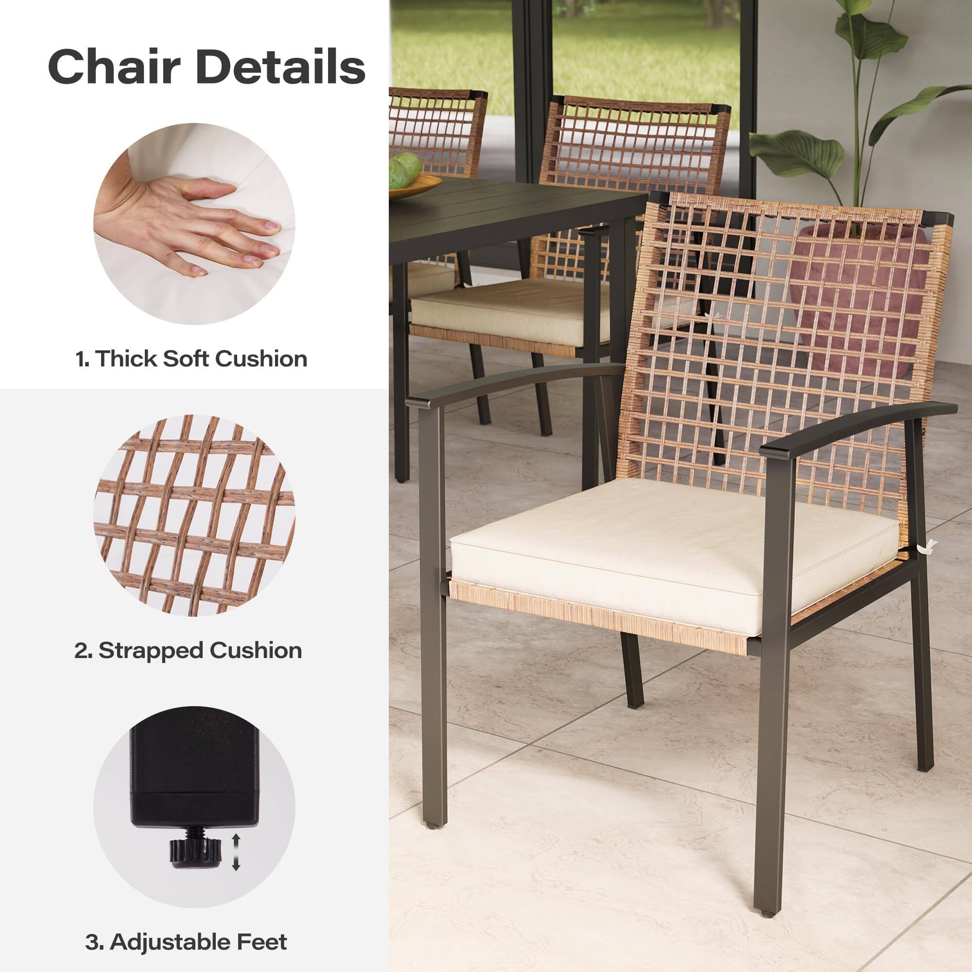 Chair Details  
1. Thick Soft Cushion  
2. Strapped Cushion  
3. Adjustable Feet