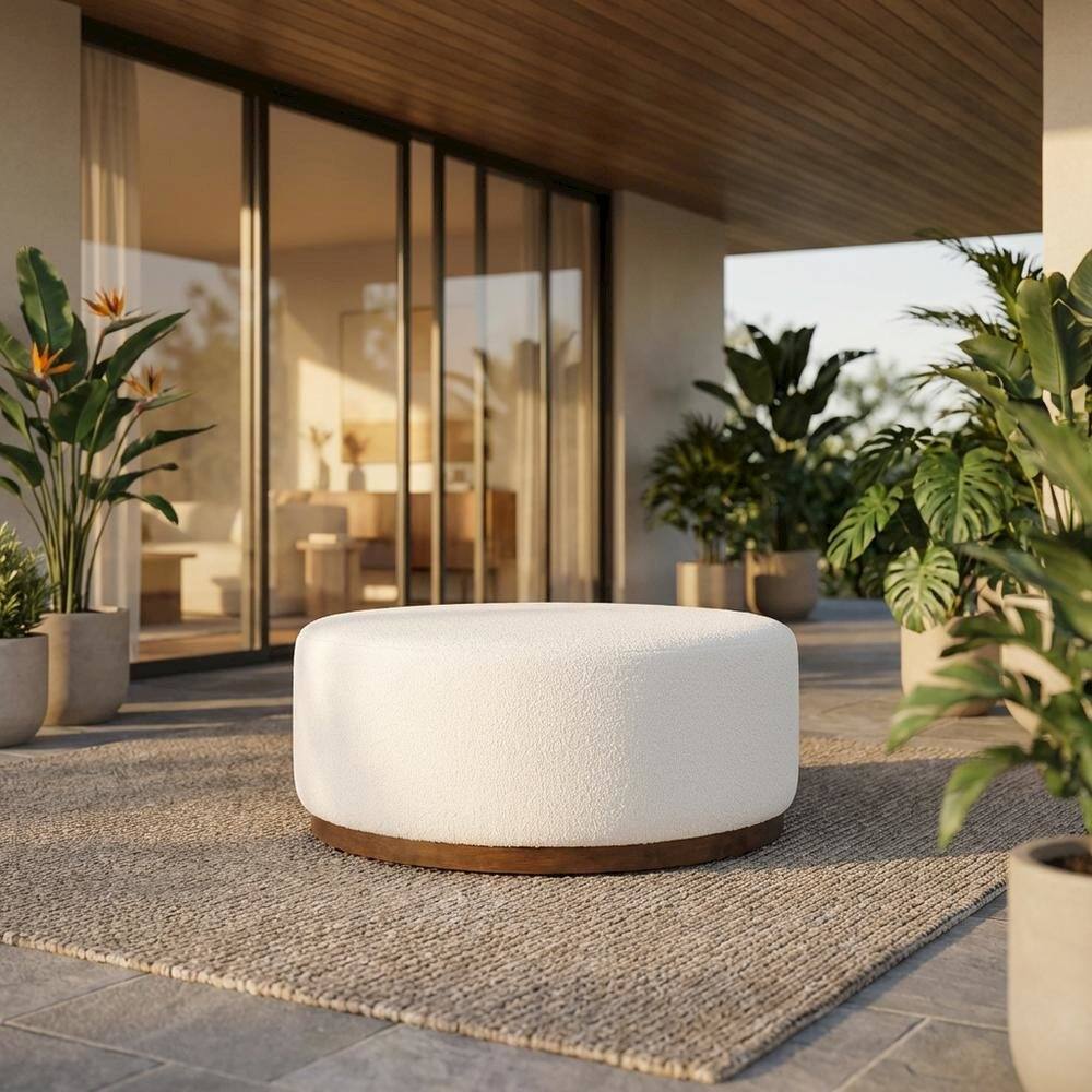 Angle. Outdoor Escape - Round boucle upholstered outdoor ottoman with cushioned top, modern design - Brown.
