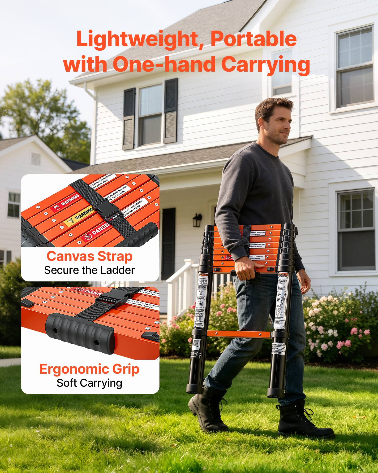 Lightweight, Portable with One-hand Carrying

- AGS YAGERS MILANGE. CHOS MING THE or. ML WARNING M with - - LAVORIES WARNING CLIMING DANGEL Canvas Strap Secure the Ladder

Ergonomic Grip Soft Carrying