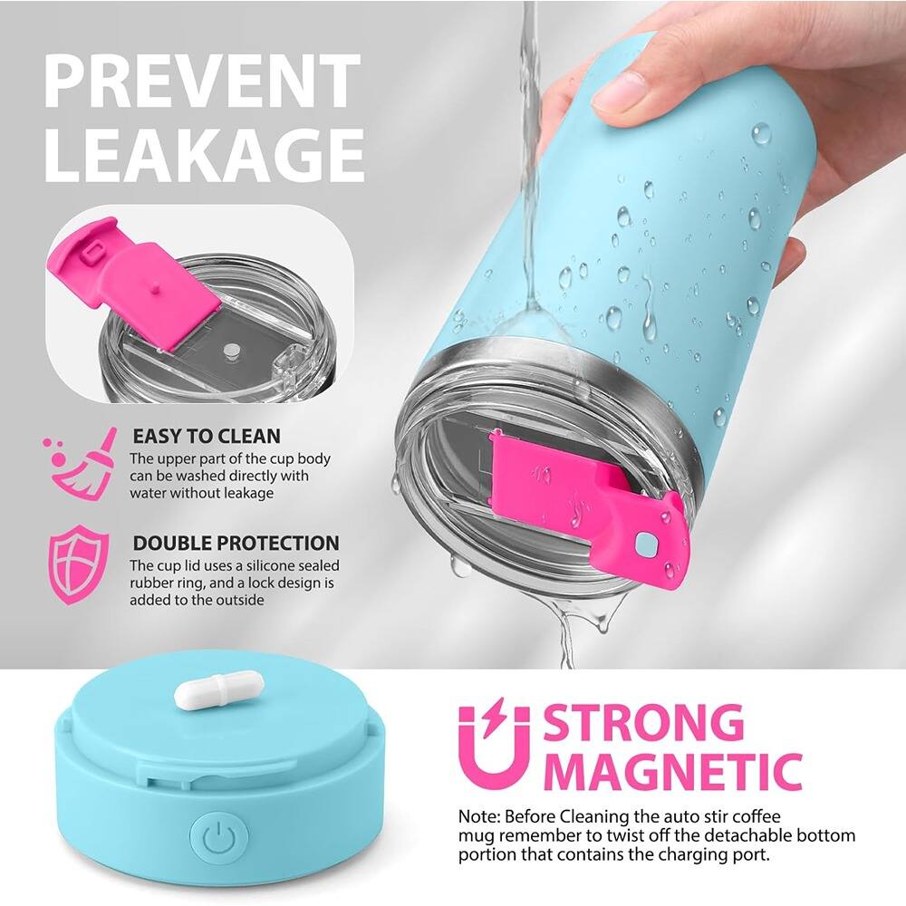 **PREVENT LEAKAGE**

**EASY TO CLEAN**  
The upper part of the cup body can be washed directly with water without leakage.

**DOUBLE PROTECTION**  
The cup lid uses a silicone sealed rubber ring, and a lock design is added to the outside.

**STRONG MAGNETIC**  
Note: Before cleaning the auto stir coffee mug, remember to twist off the detachable bottom portion that contains the charging port.