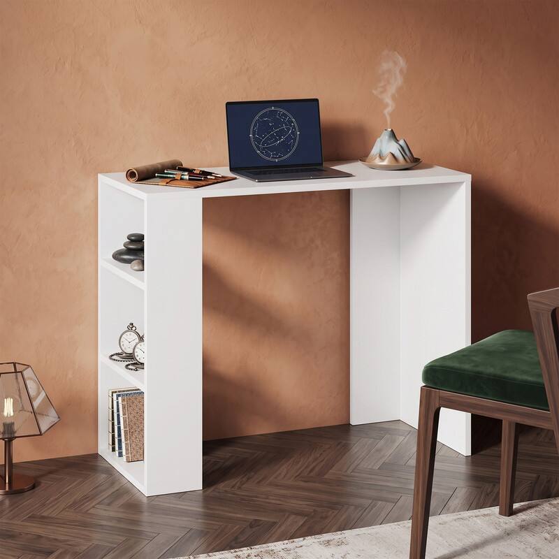 Alt View 3. WELLFOR - 36" White Study Desk with 3 Open Shelves,Computer Desk Writing Desk for Home Office - White.