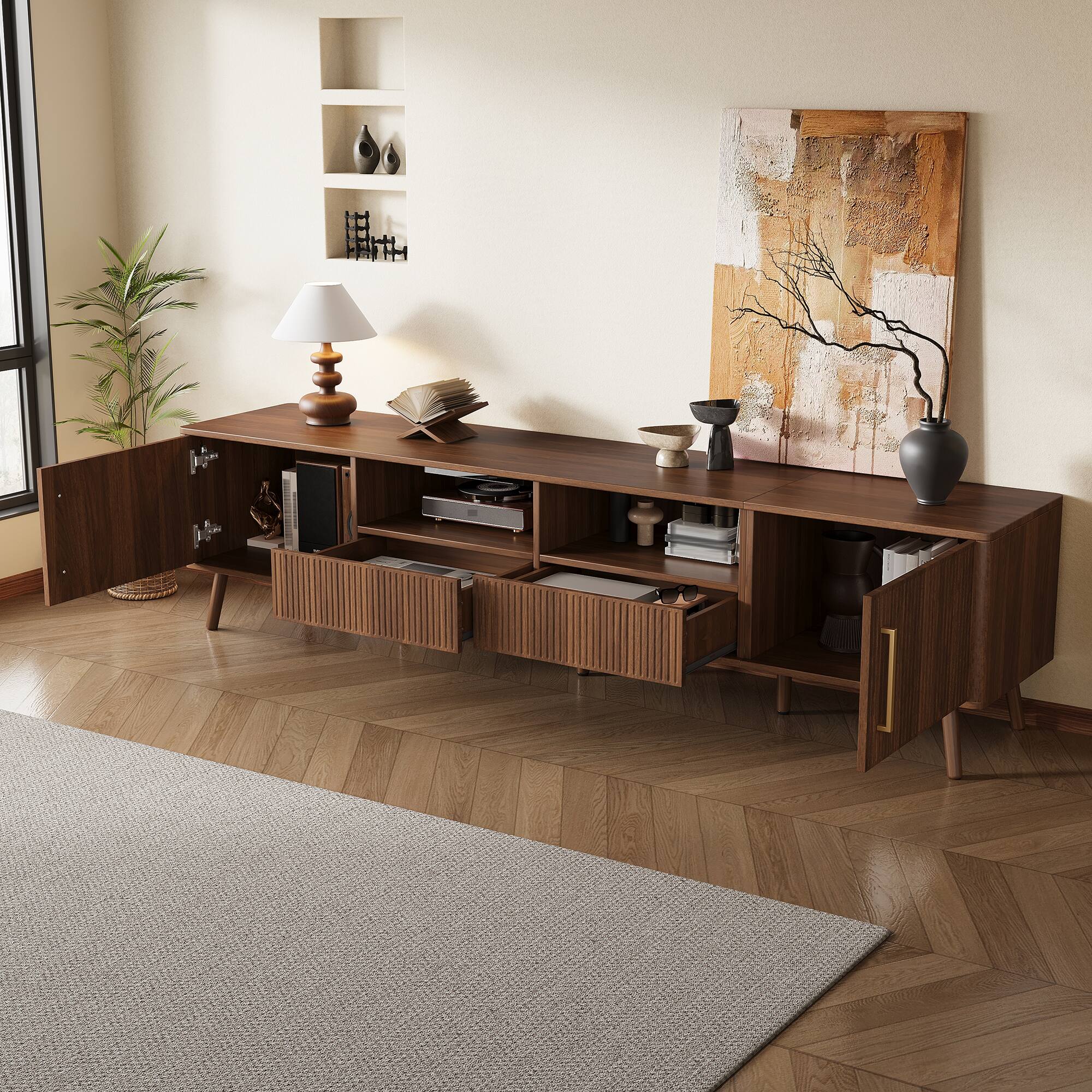 Back. MERAVOM - Mid-Century Modern TV Stand for TVs Up to 85", Entertainment Center with 2 Storage Cabinets, 2 Drawers & 2 Open Shelves - Walnut.