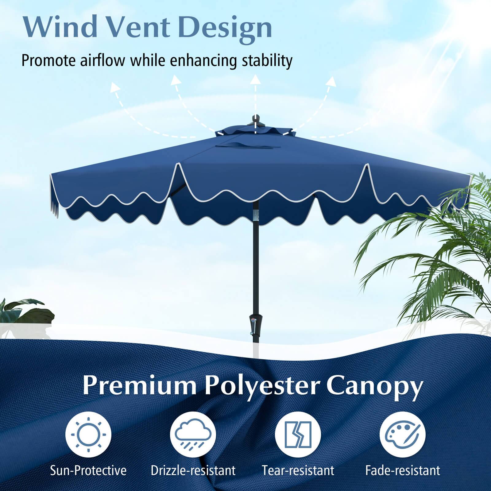 Wind Vent Design  
Promote airflow while enhancing stability

Premium Polyester Canopy  
Sun-Protective  
Drizzle-resistant  
Tear-resistant  
Fade-resistant