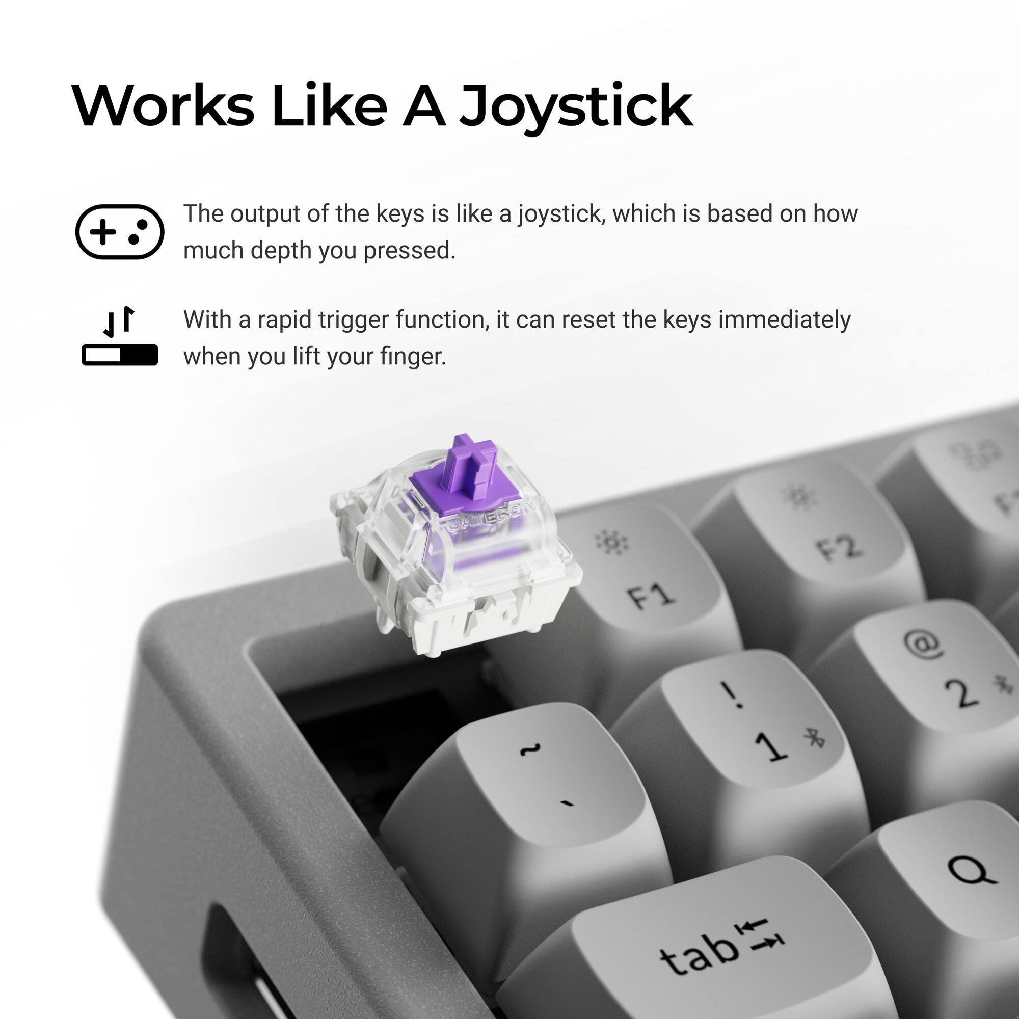 Works Like A Joystick

The output of the keys is like a joystick, which is based on how much depth you pressed.

With a rapid trigger function, it can reset the keys immediately when you lift your finger.