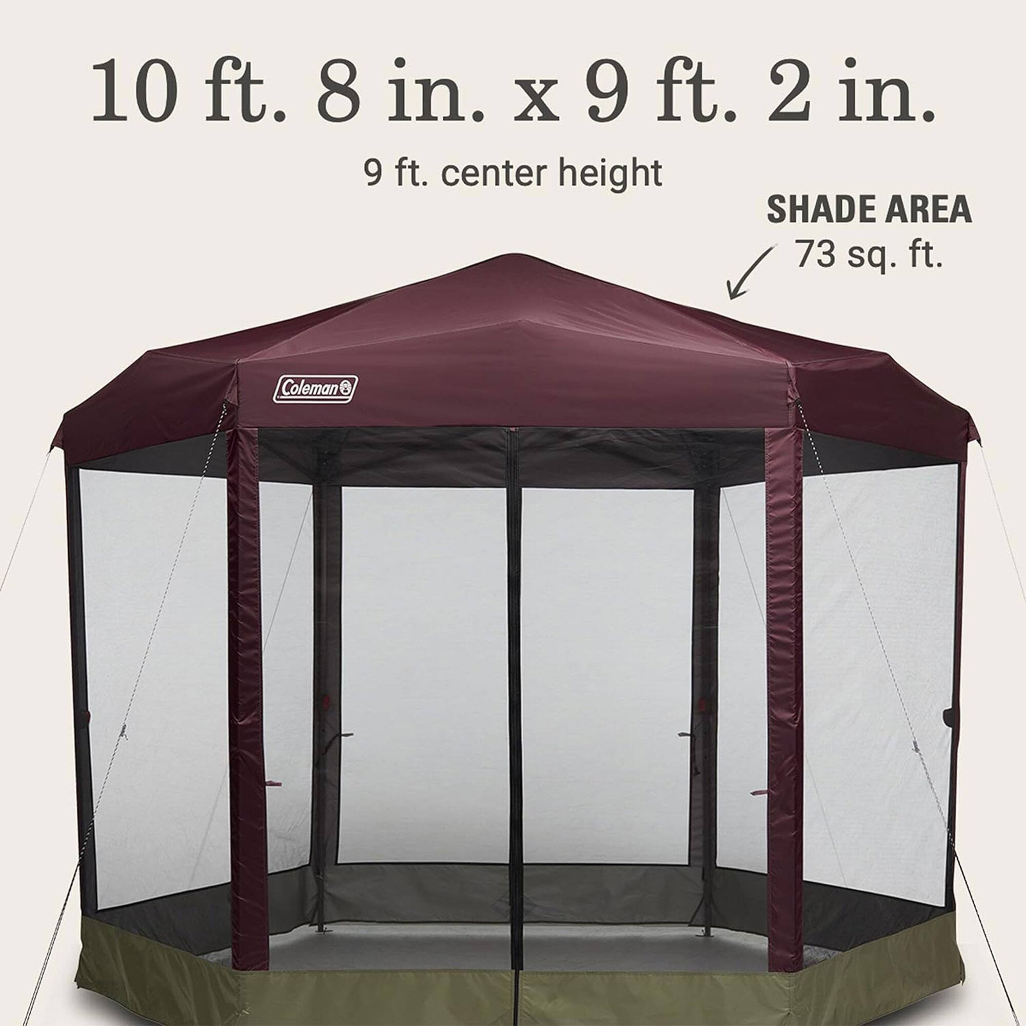 10 ft. 8 in. x 9 ft. 2 in.  
9 ft. center height  
SHADE AREA 73 sq. ft.  
Coleman
