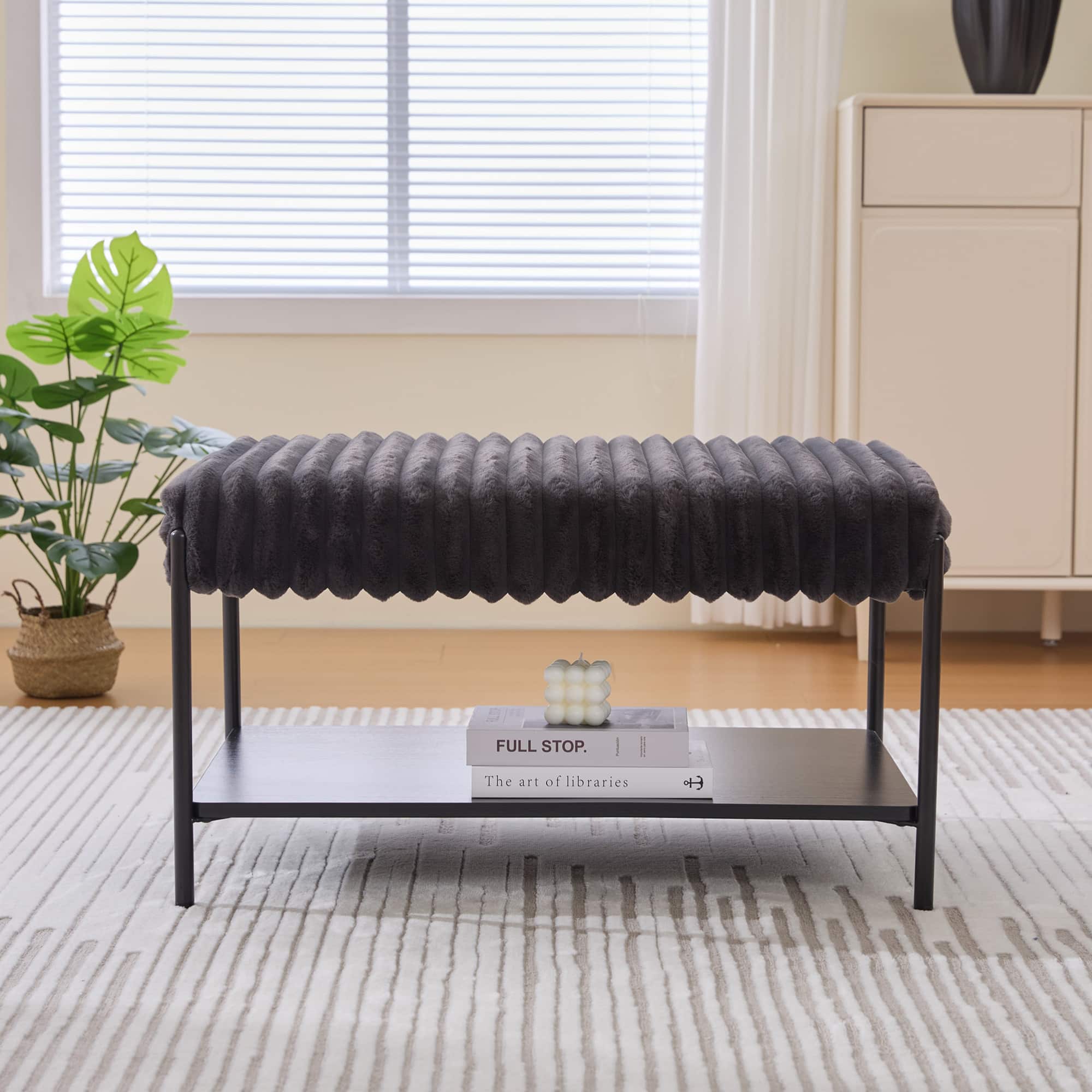 GOODSILO - 30.7-Inch Wide Upholstered Ottoman Coffee Table with Storage Shelf and Metal Legs - Charcoal