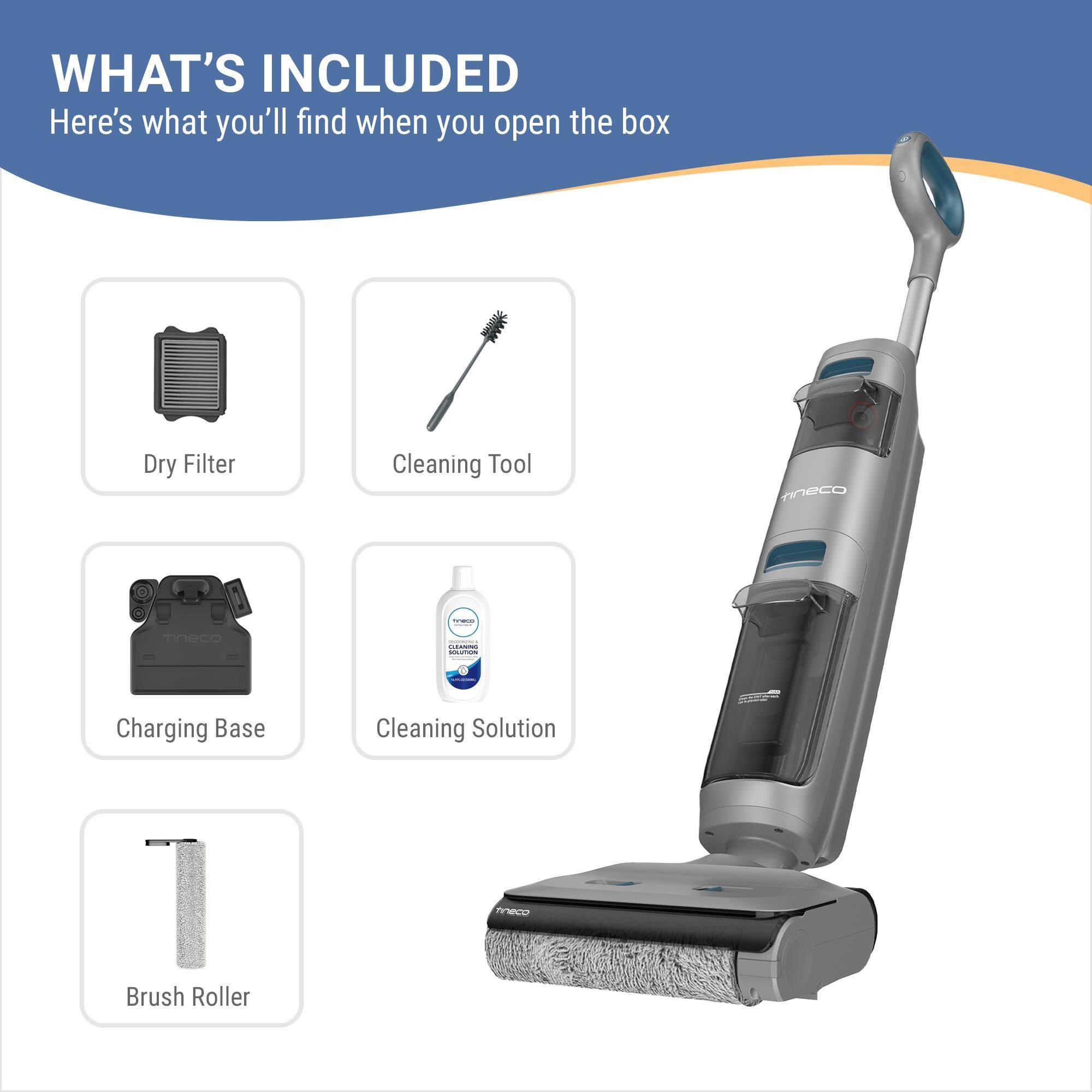 WHAT'S INCLUDED  
Here's what you'll find when you open the box

- Dry Filter
- Cleaning Tool
- Charging Base
- Cleaning Solution
- Brush Roller