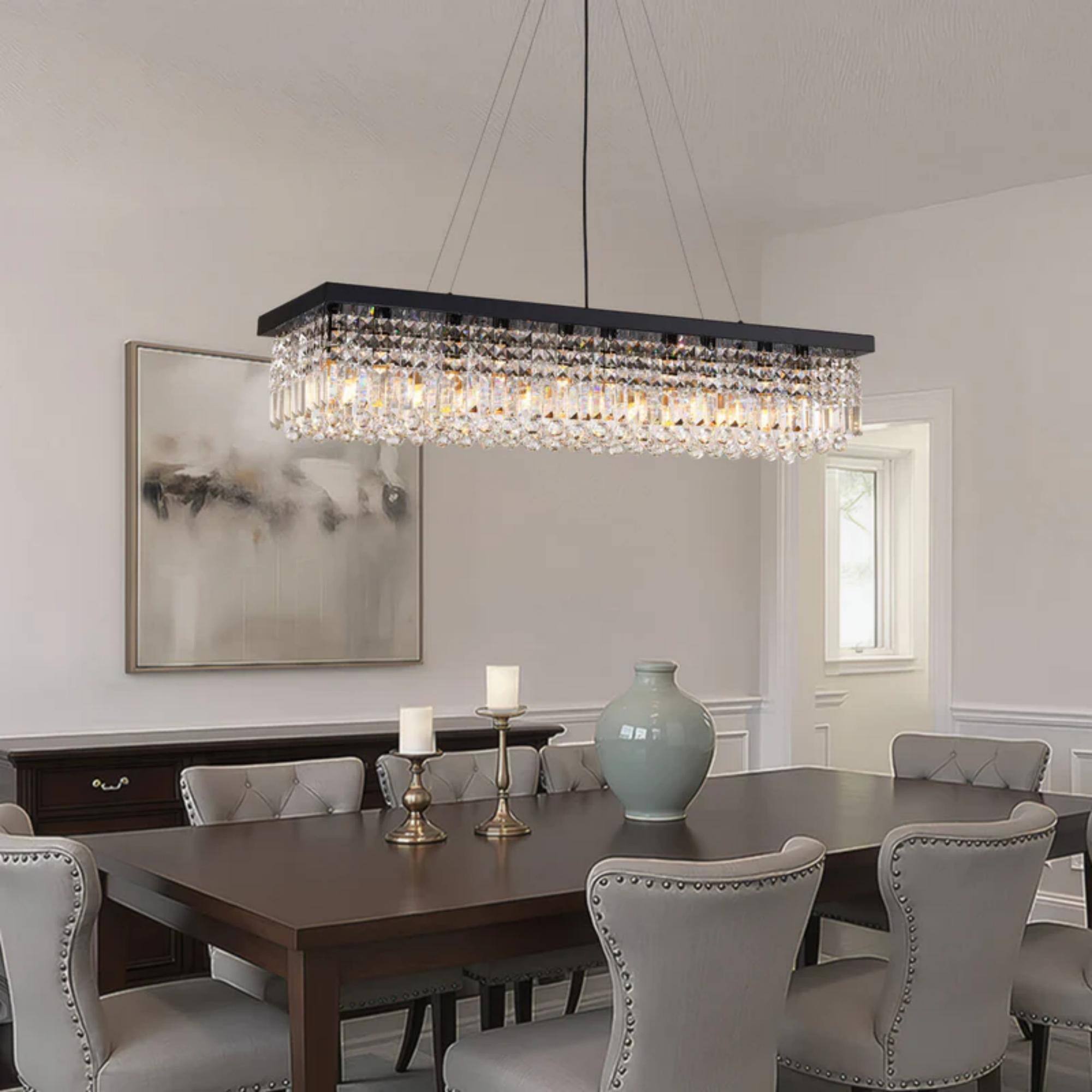 Back. Siljoy - 47.2" 10-Light Black Linear Crystal Chandelier, Adjustable K9 Crystal Pendant Light for Kitchen Island Dining Room - Black.