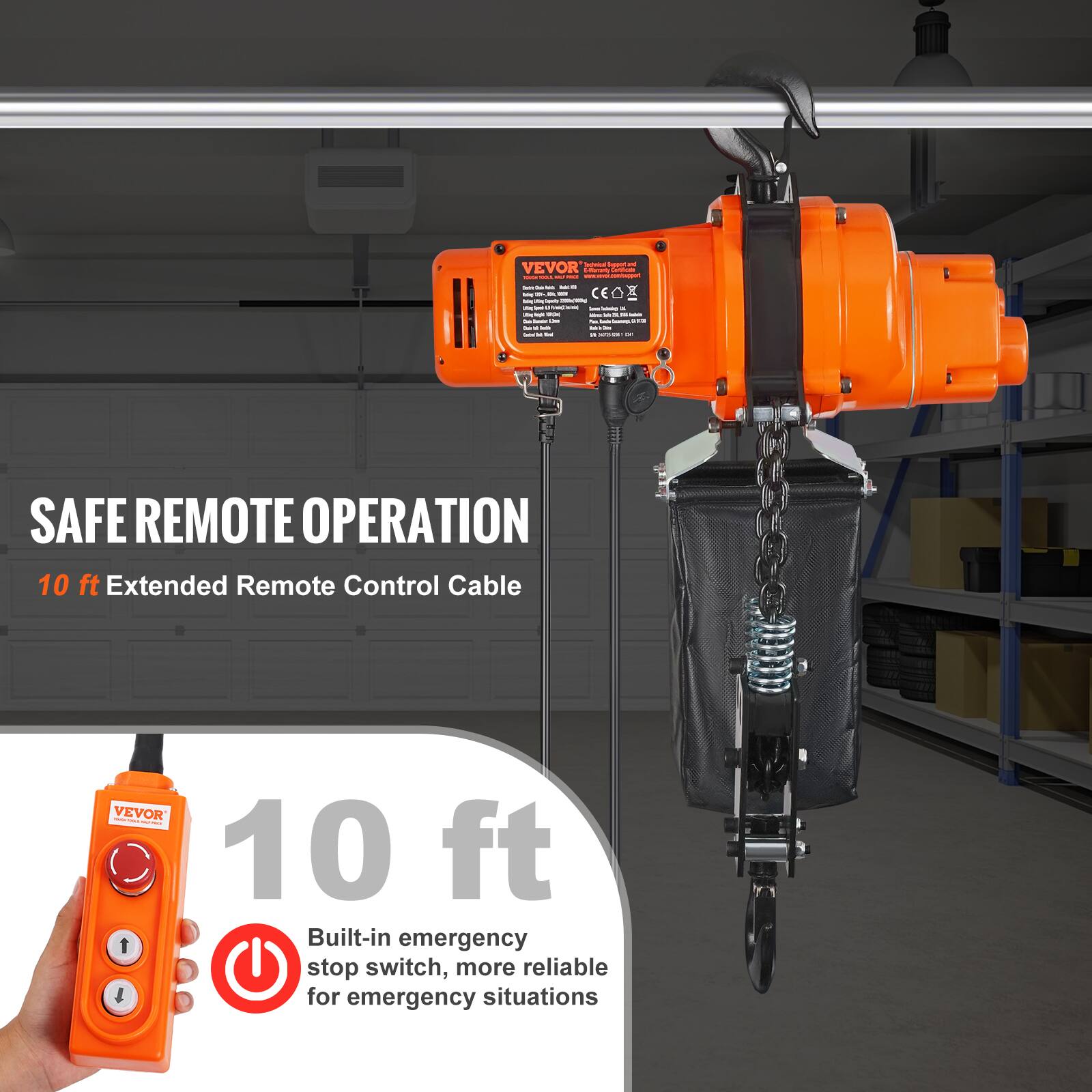 - VEVOR
- SAFE REMOTE OPERATION
- 10 ft Extended Remote Control Cable
- 10 ft
- Built-in emergency stop switch, more reliable for emergency situations