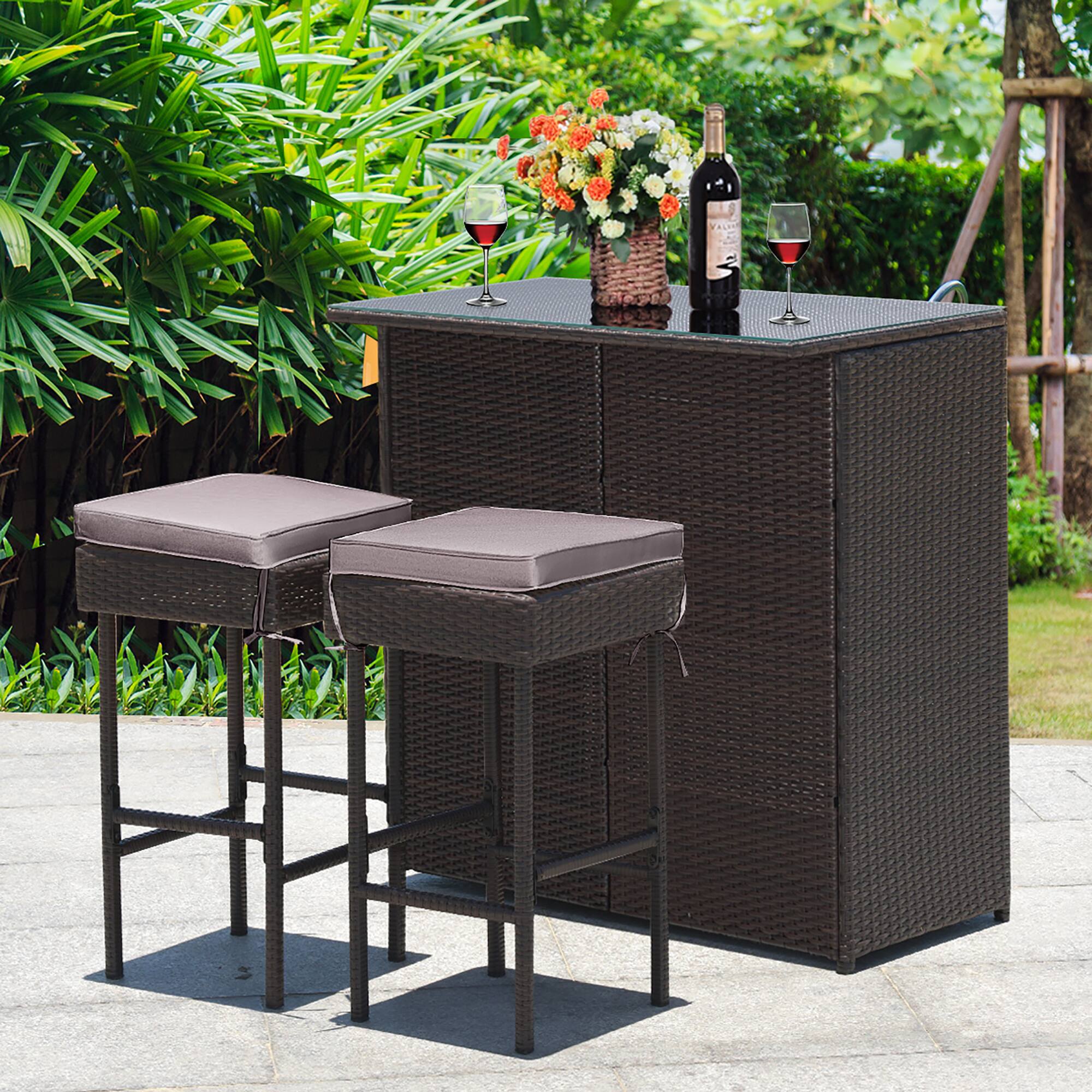 Alt View 3. Costway - Patio 3PCS Rattan Bar Table Stool Set Cushioned Chairs with Cover - brown/gray/off white.