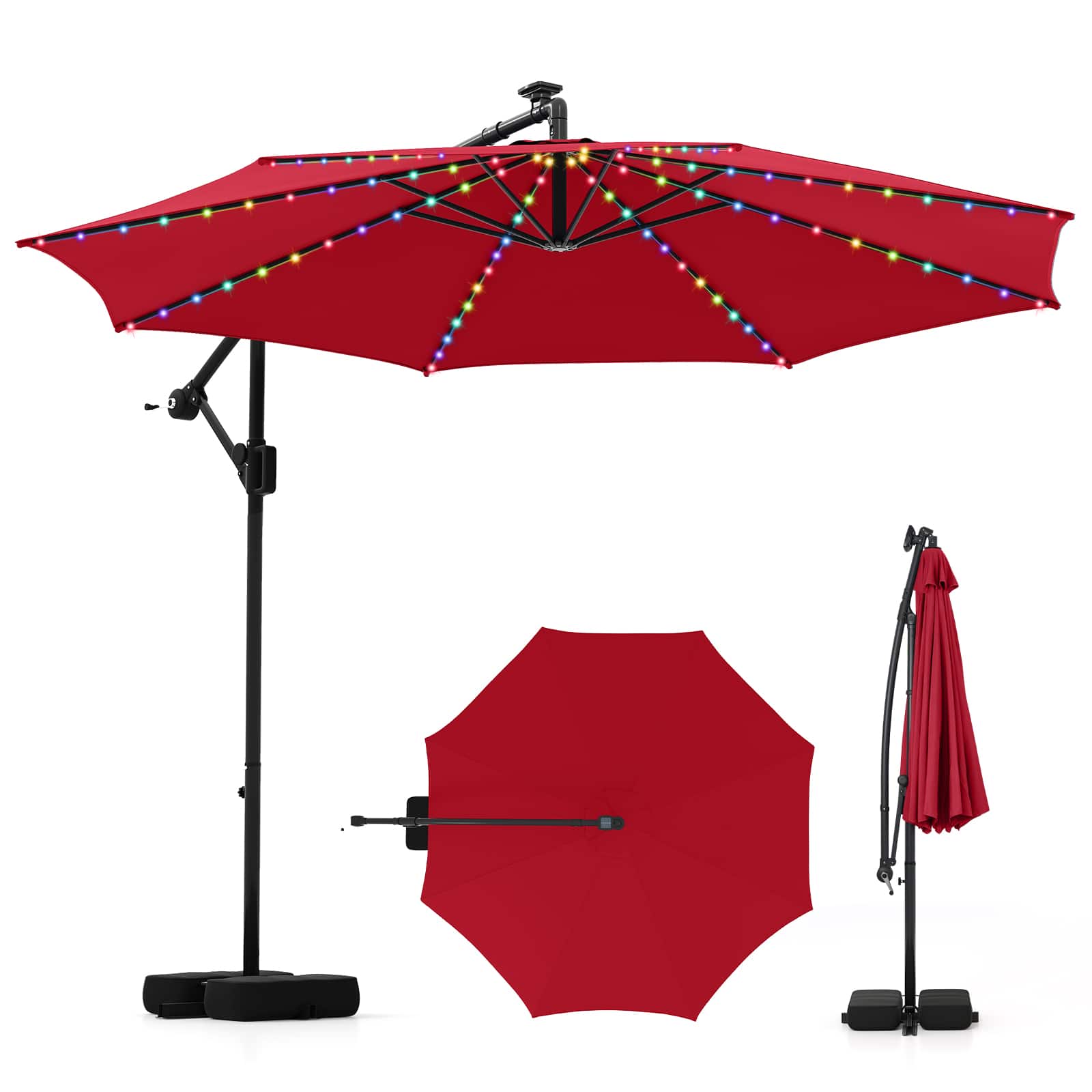 Front. Costway - Costway 10 FT Solar Offset Hanging Umbrella with 96 Solar Multi-colored Flowing LED Lights - Red.