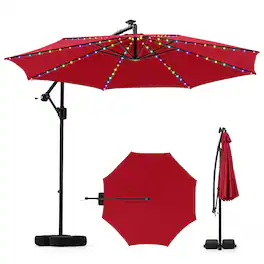 Costway - 10 FT Solar Offset Hanging Umbrella with 96 Solar Multi-colored Flowing LED Lights - Red