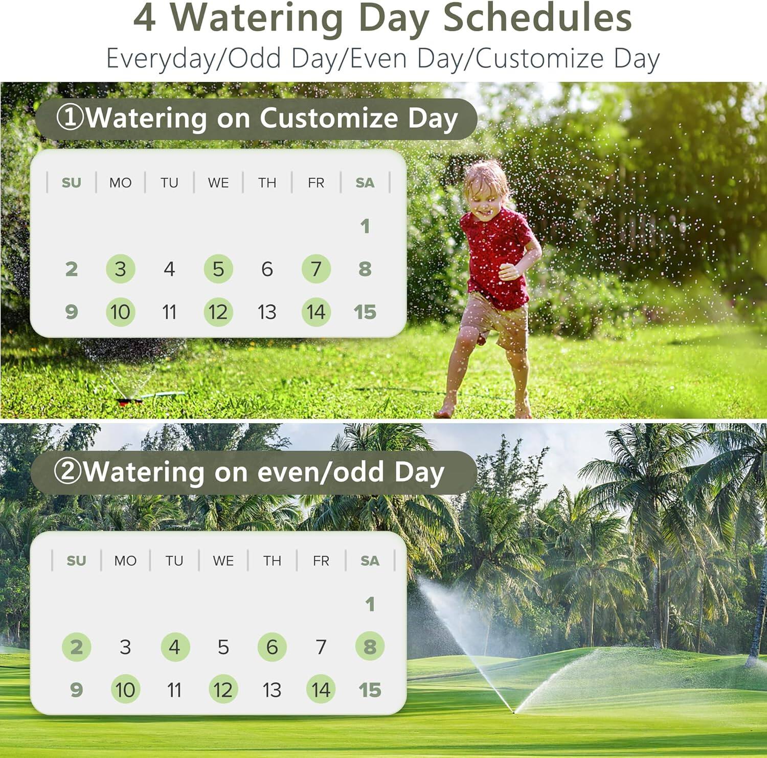4 Watering Day Schedules  
Everyday/Odd Day/Even Day/Customize Day  

1) Watering on Customize Day  
SU MO TU WE TH FR SA  
1  
2 3 4 5 6 7 8  
9 10 11 12 13 14 15  

2) Watering on even/odd Day  
SU MO TU WE TH FR SA  
1  
2 3 4 5 6 7 8  
9 10 11 12 13 14 15
