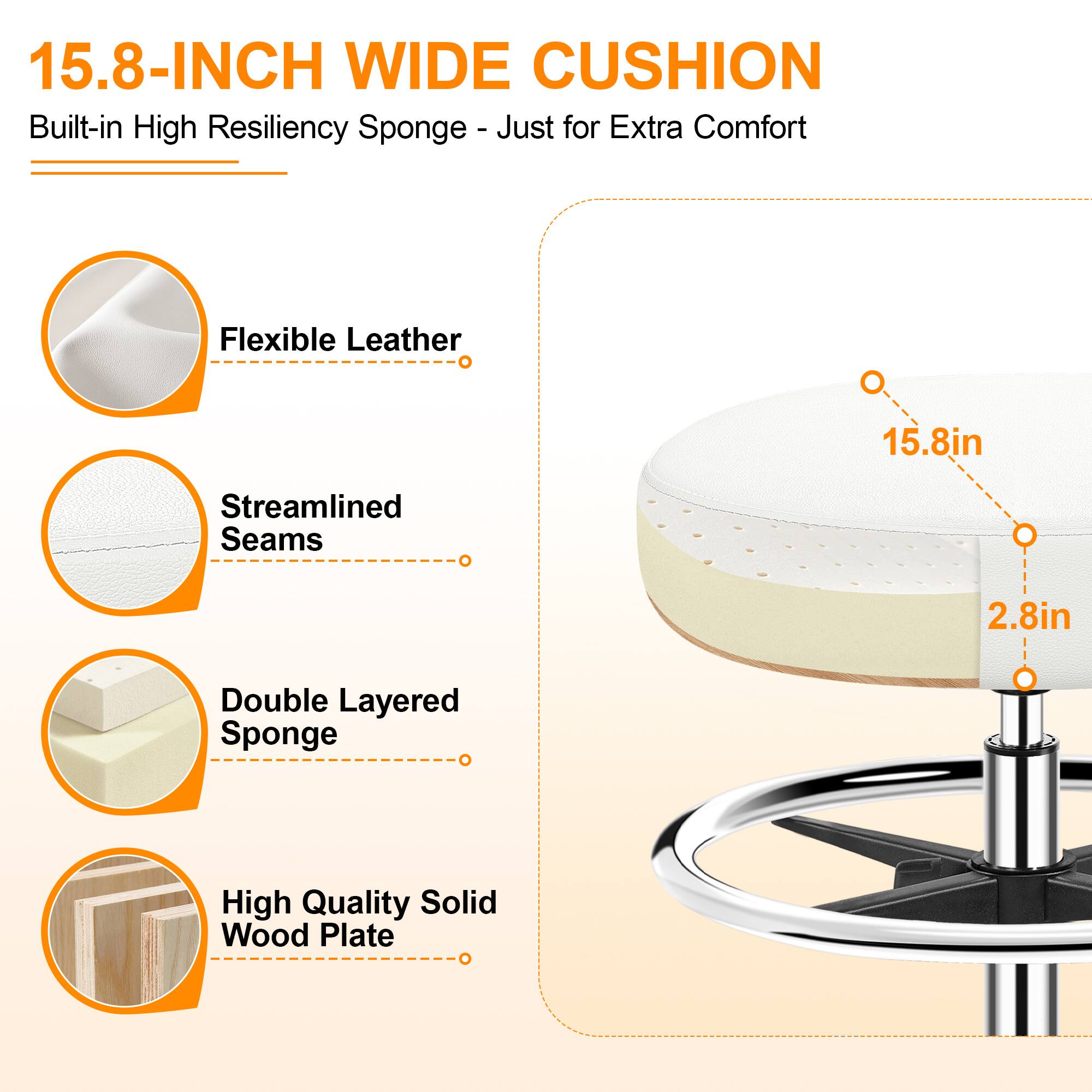 15.8-INCH WIDE CUSHION  
Built-in High Resiliency Sponge - Just for Extra Comfort  

- Flexible Leather  
- Streamlined Seams  
- Double Layered Sponge  
- High Quality Solid Wood Plate  

15.8in  
2.8in