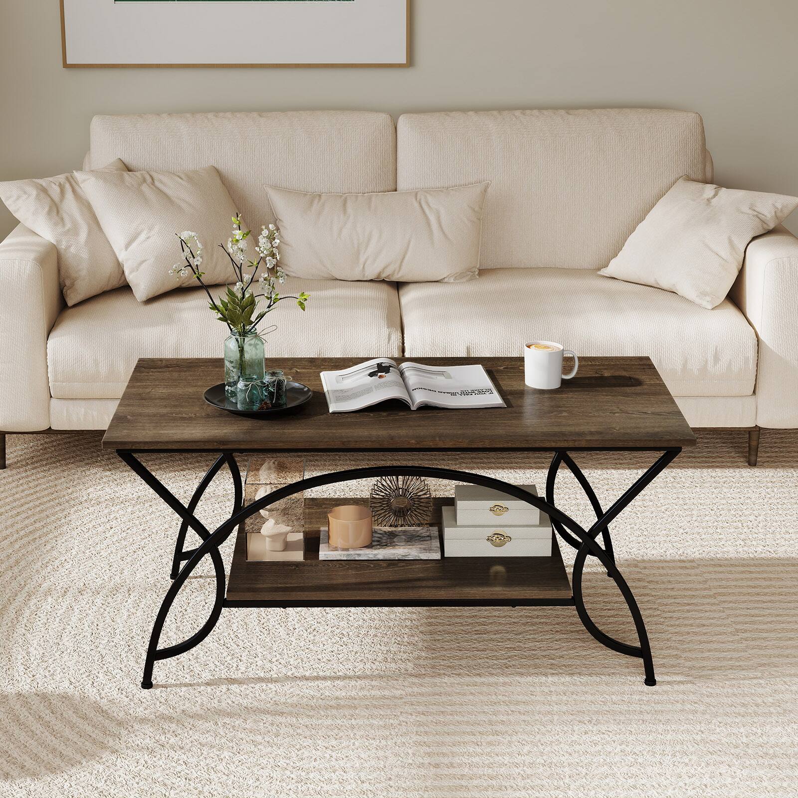 Alt View 4. Costway - Costway 2-Tier Industrial Coffee Table Rectangular Cocktail Table with Storage Shelf - Gray Oak.