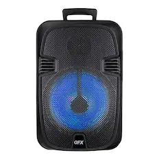 Front. QFX - 12” Bluetooth Rechargeable Portable Speaker with Stand, Microphone and LED Party Lights - Black.