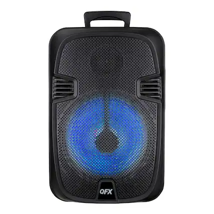 Front. QFX - 12” Bluetooth Rechargeable Portable Speaker with Stand, Microphone and LED Party Lights - Black.